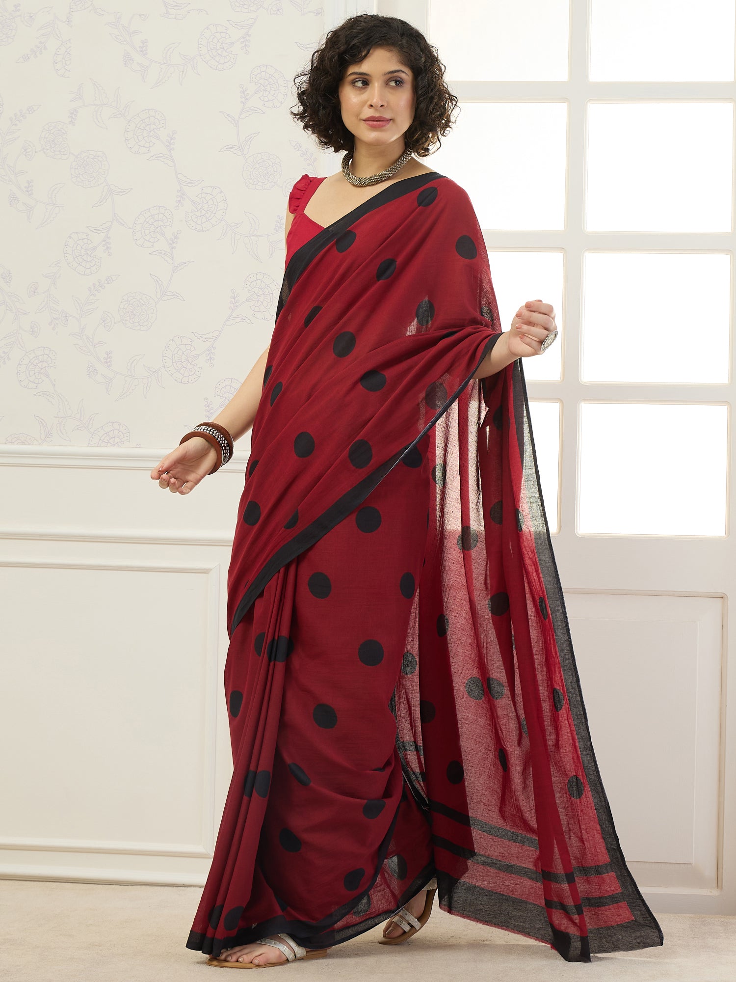 Maroon Black Polka Dot Saree