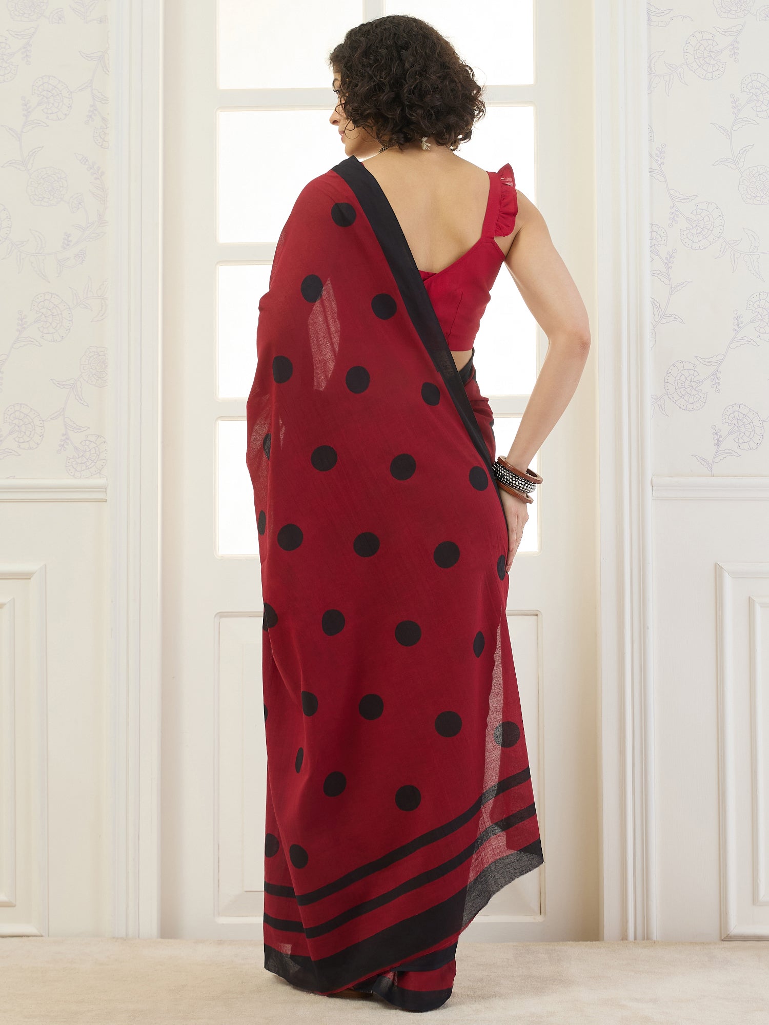 Maroon Black Polka Dot Saree