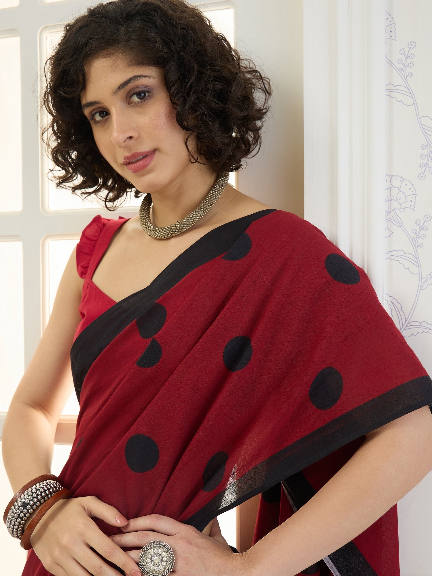 Maroon Black Polka Dot Saree