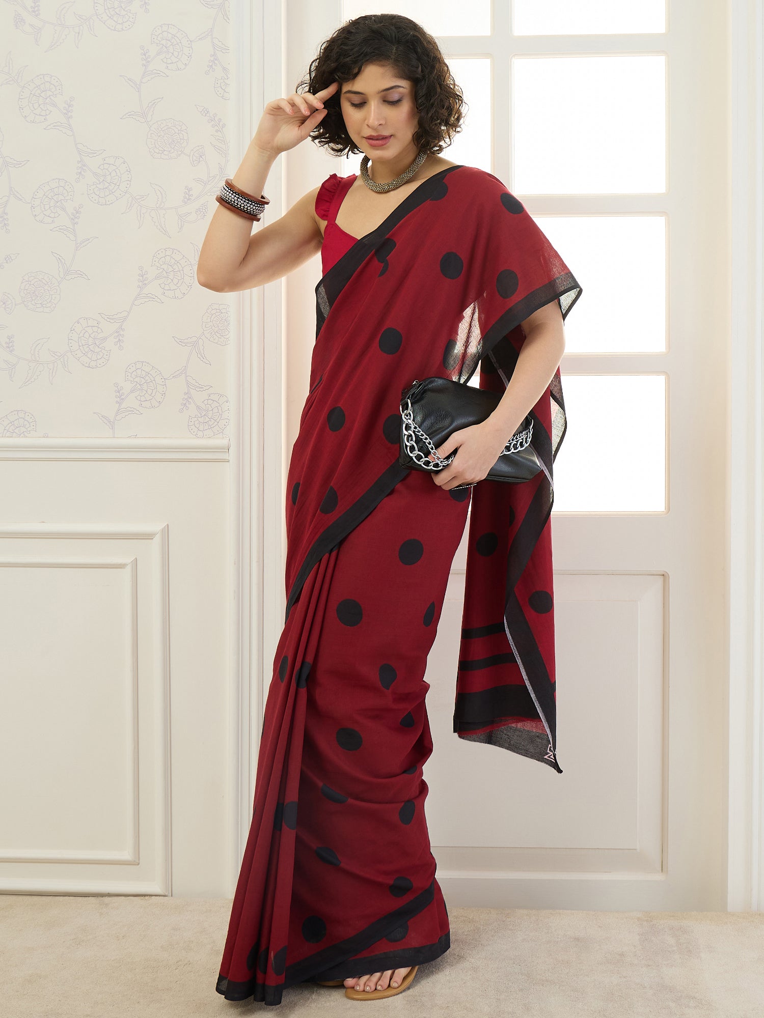Maroon Black Polka Dot Saree