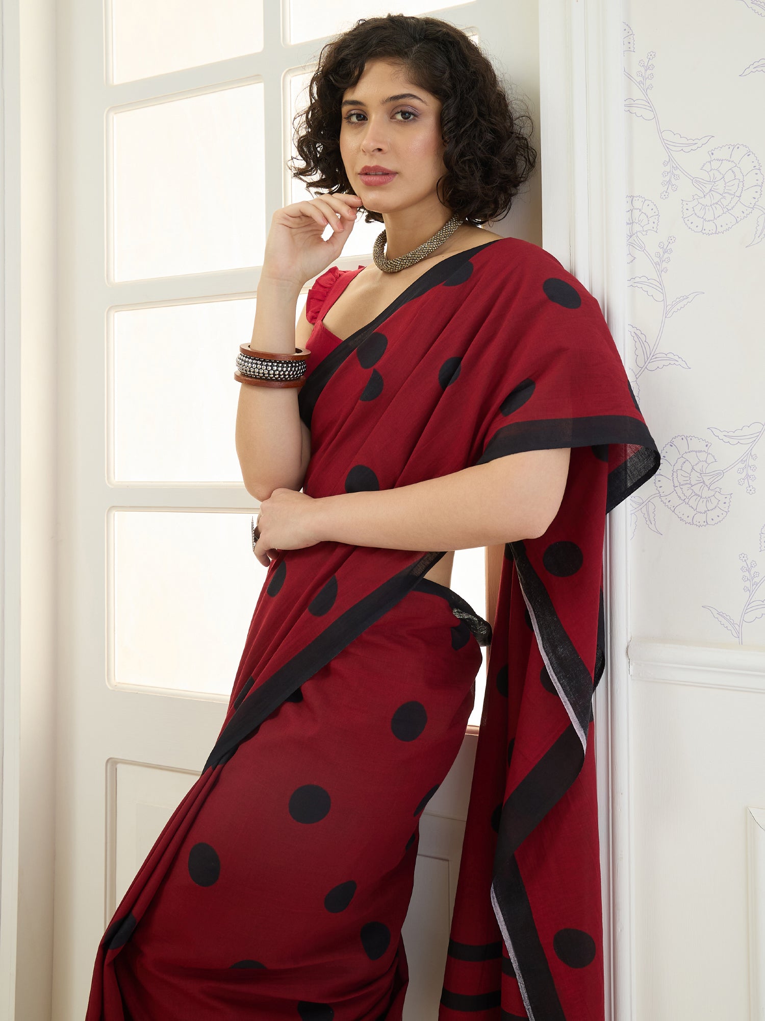 Maroon Black Polka Dot Saree