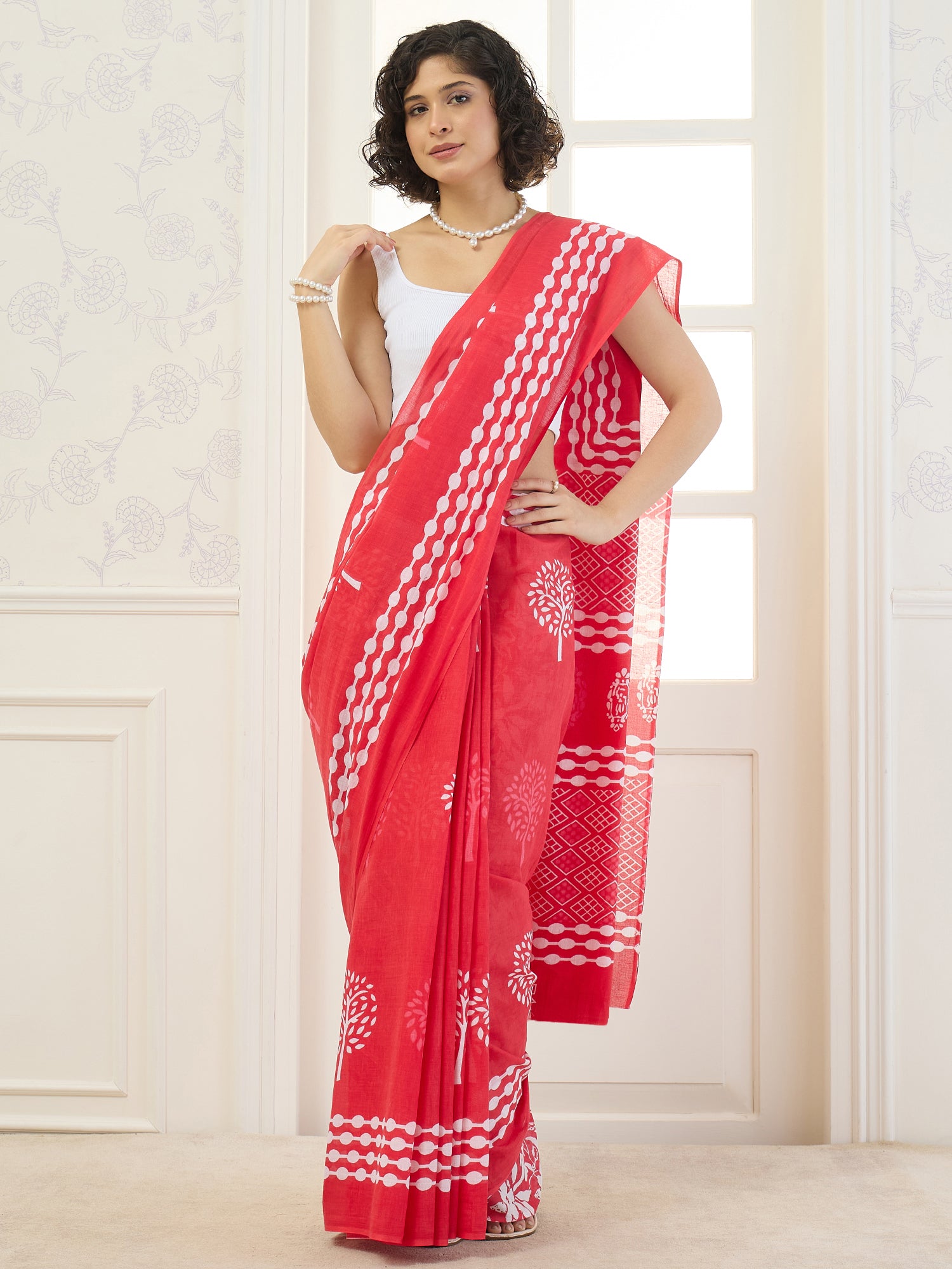 Red Tree Block Print Saree
