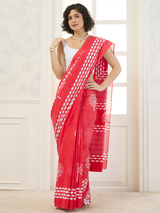 Red Tree Block Print Saree
