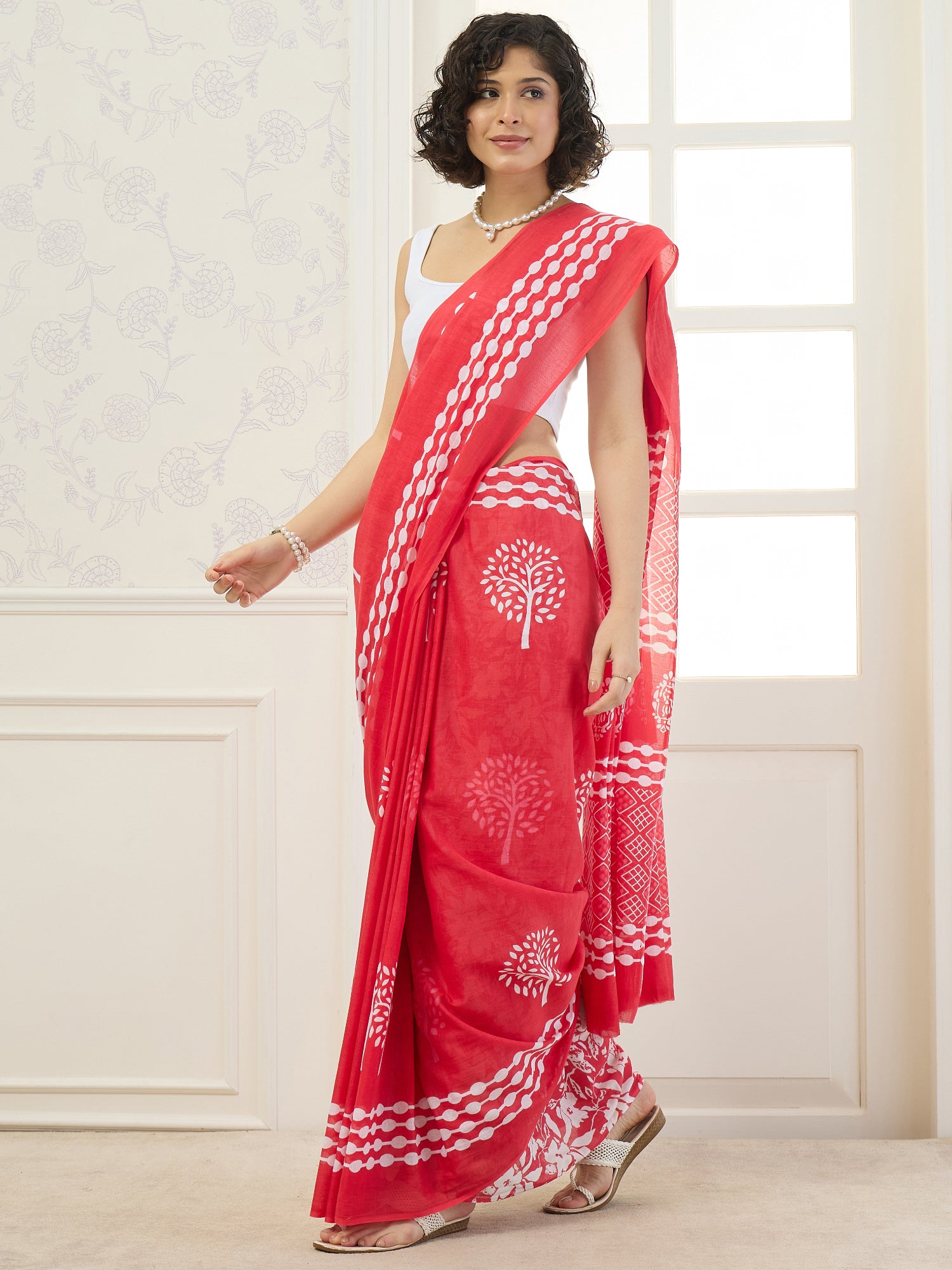 Red Tree Block Print Saree