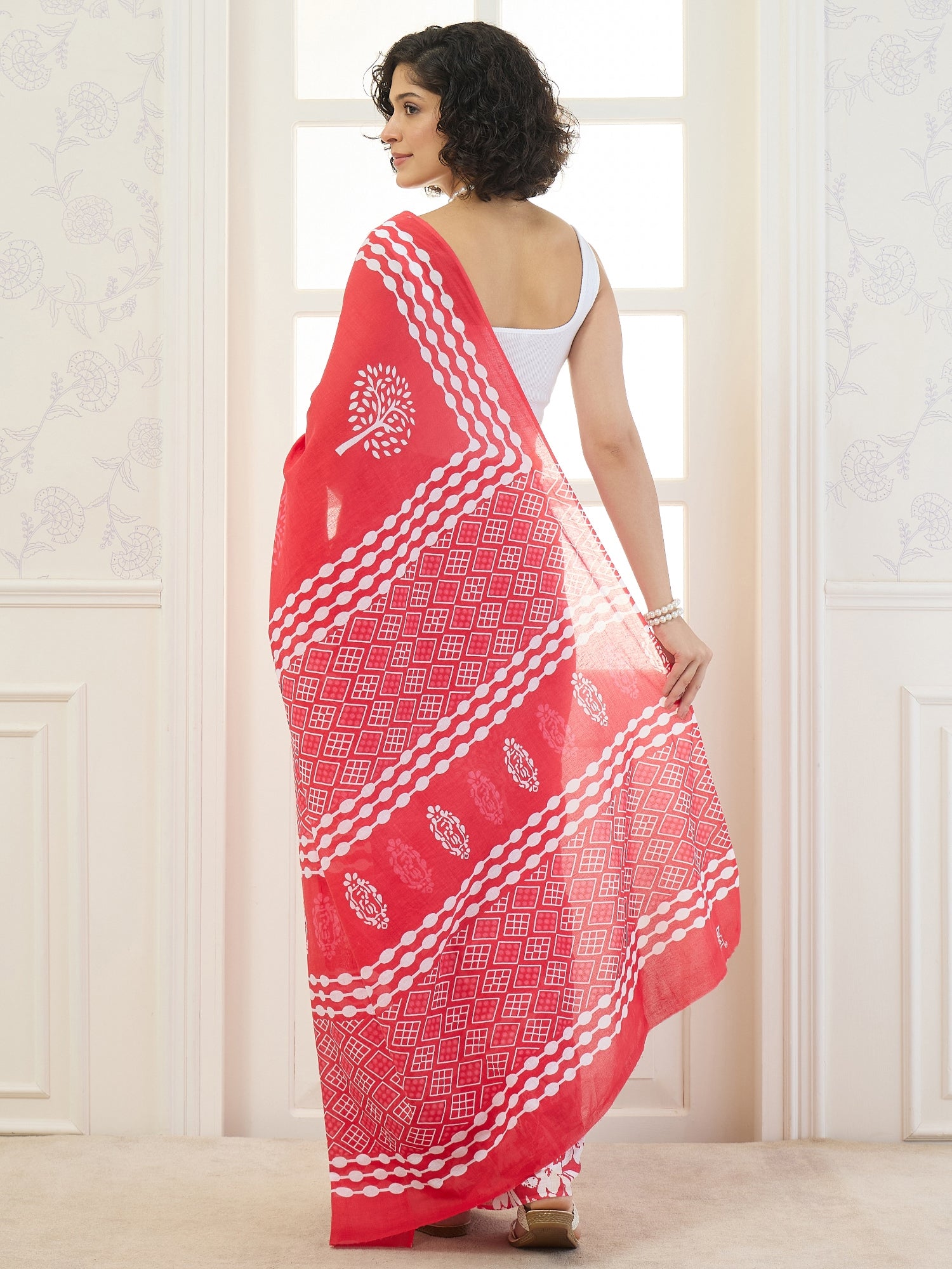 Red Tree Block Print Saree