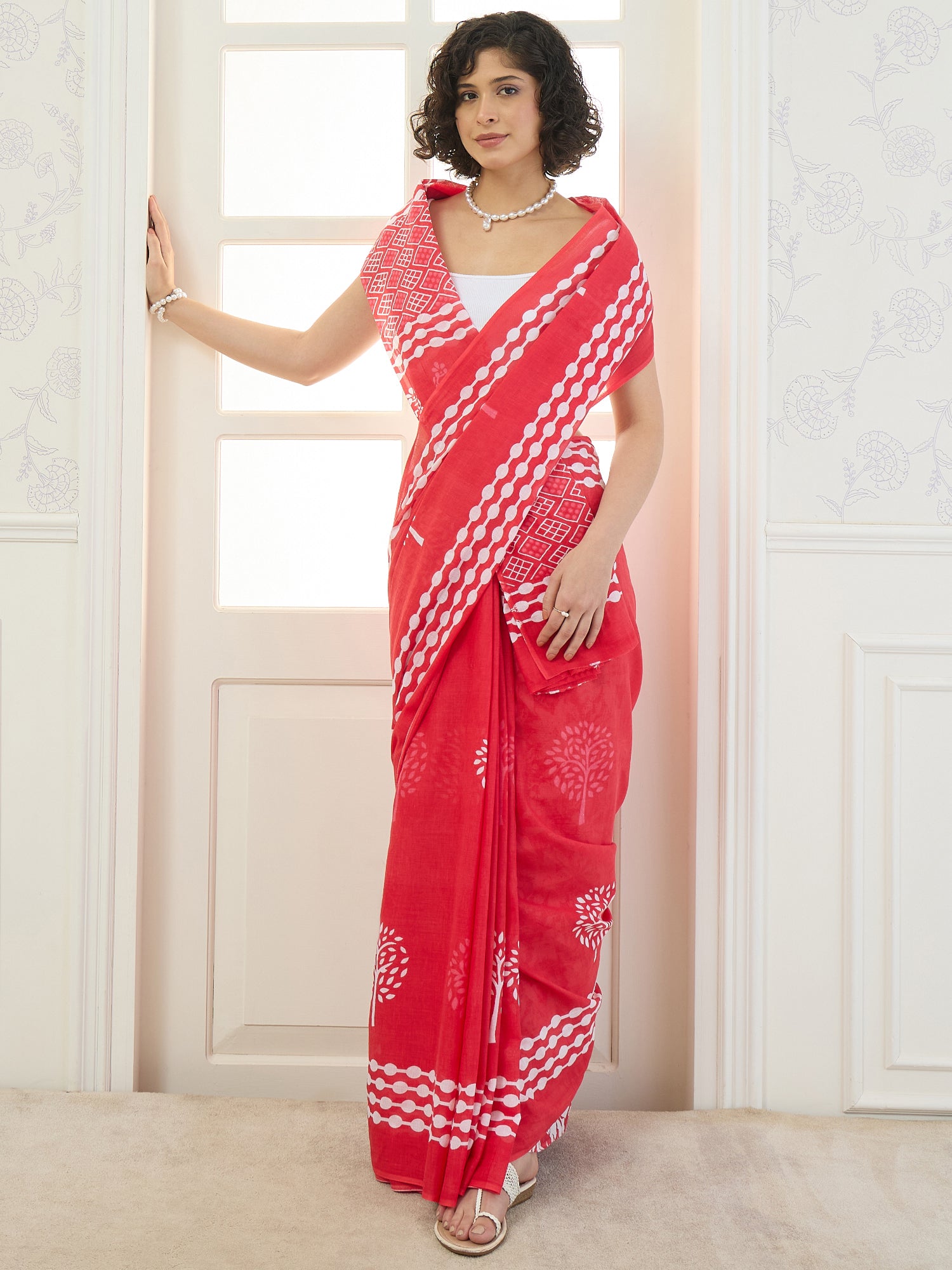 Red Tree Block Print Saree