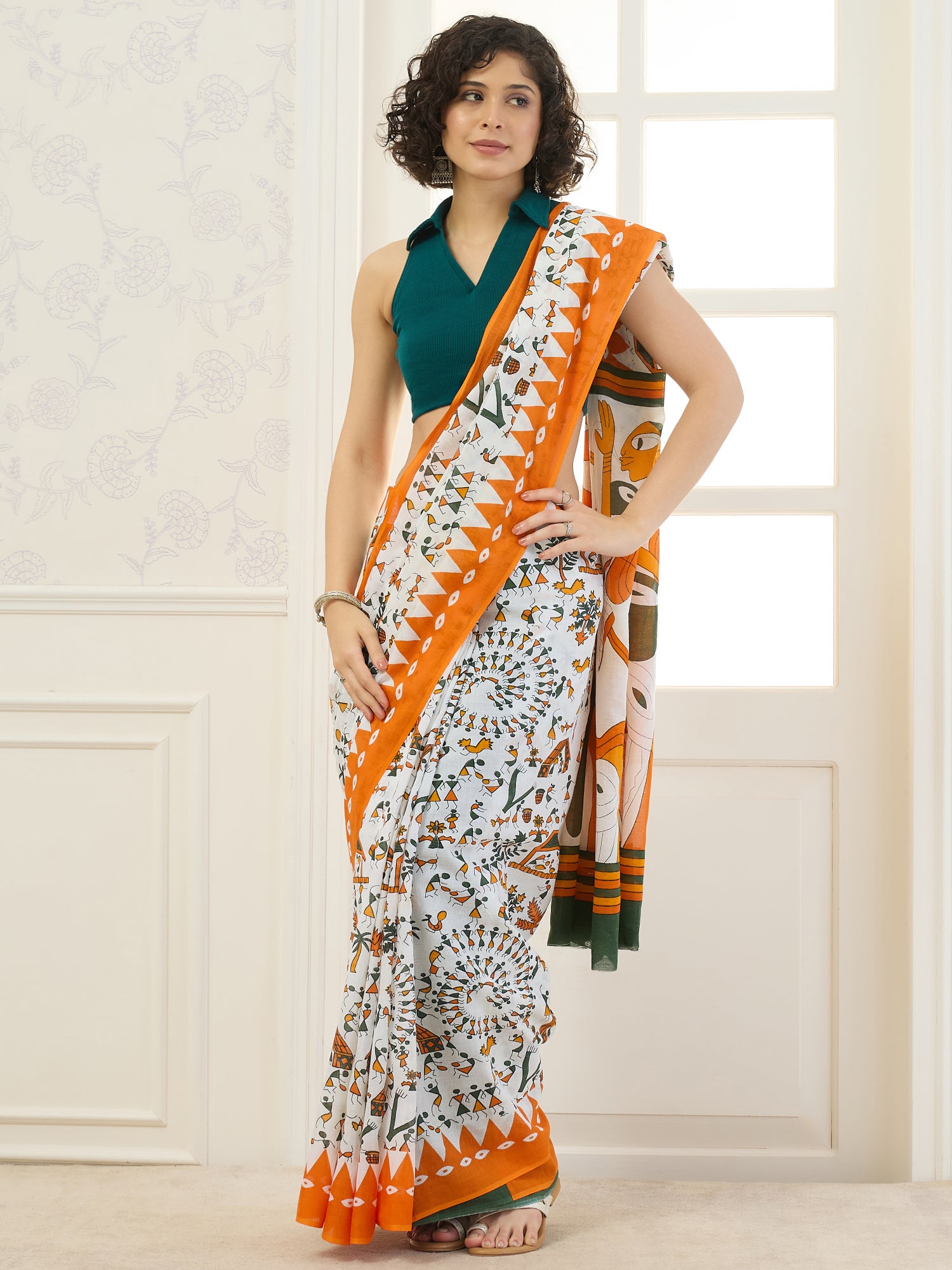 White Arli Art Orange Saree