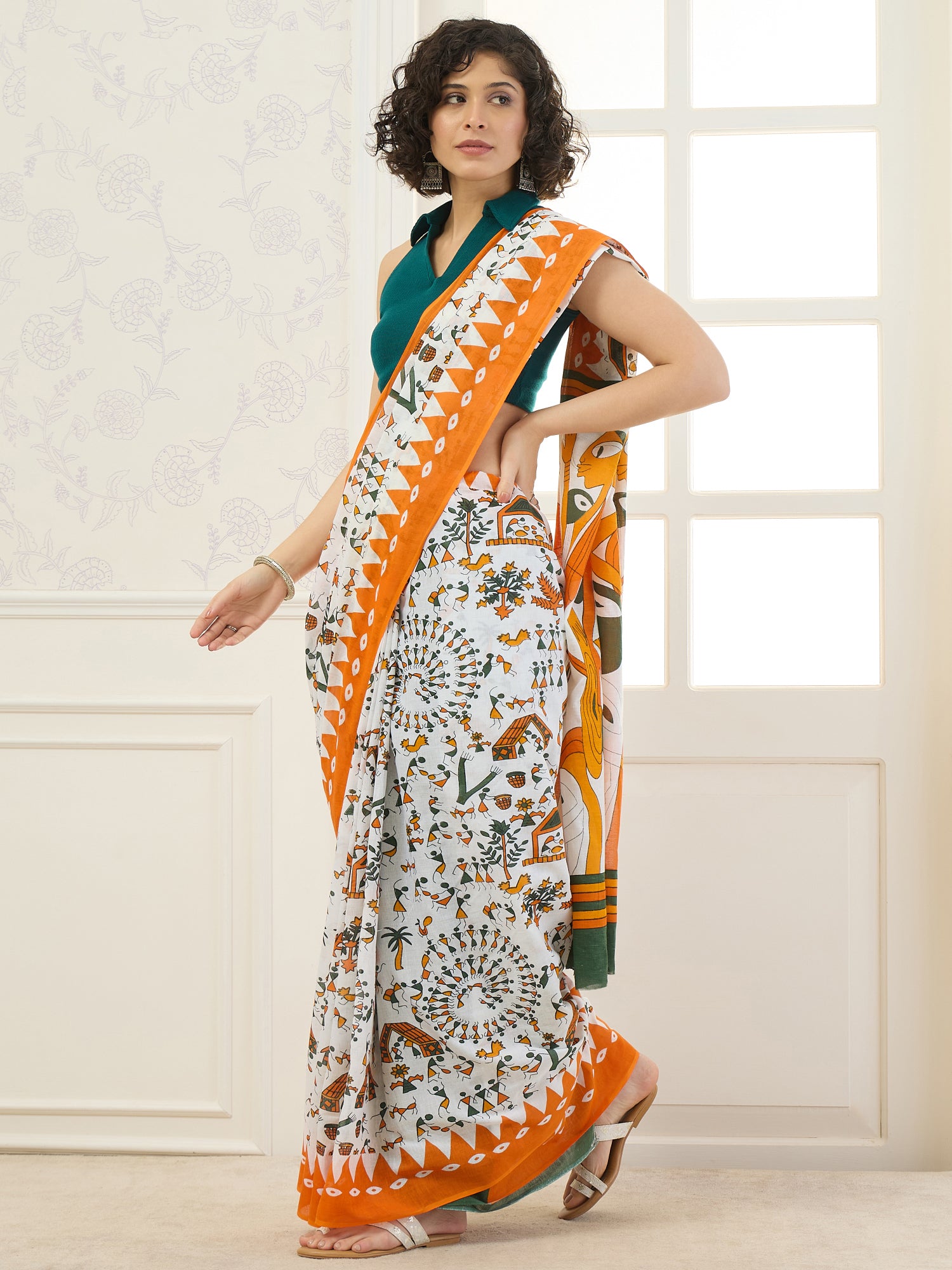 White Arli Art Orange Saree