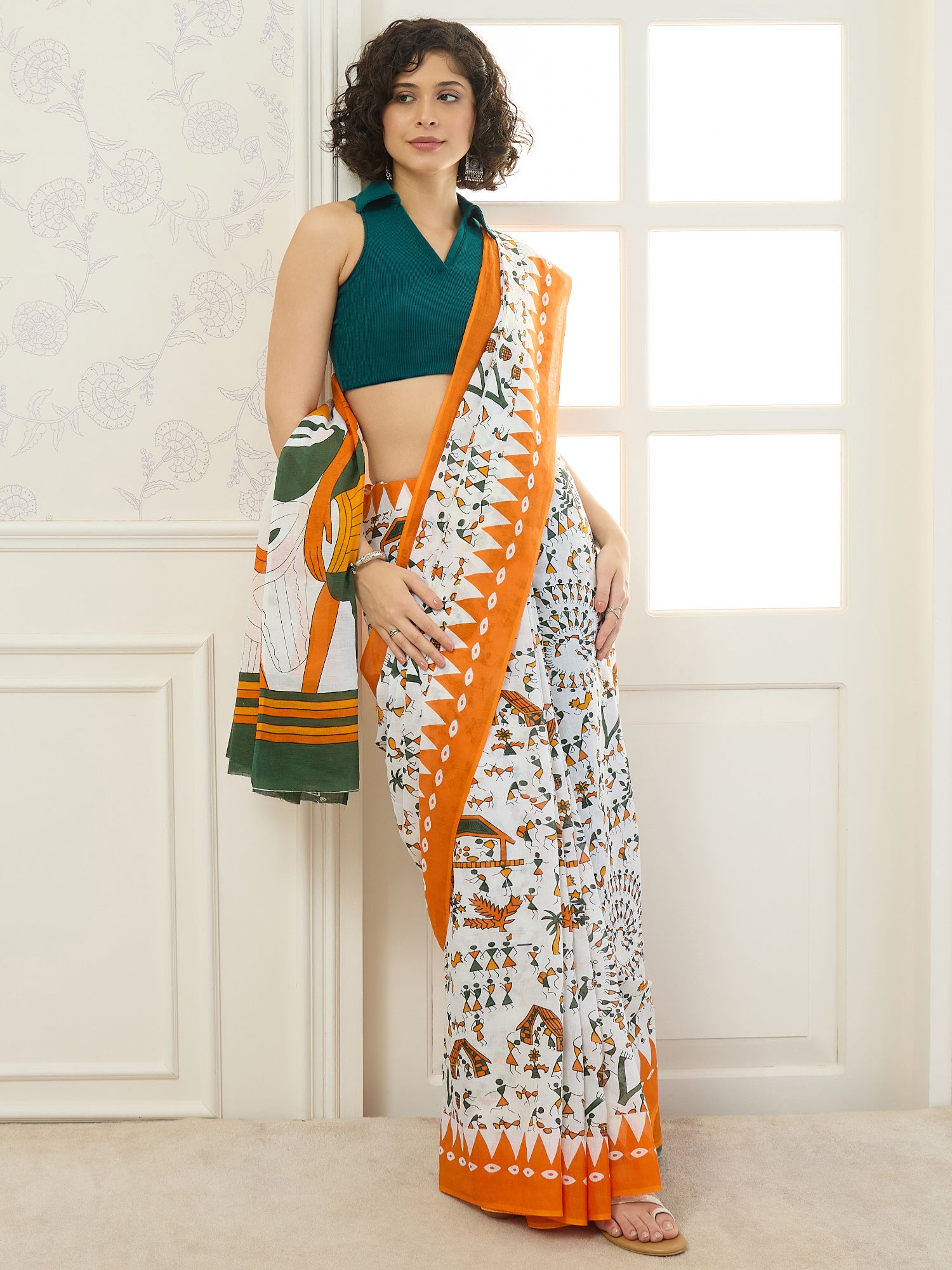 White Arli Art Orange Saree
