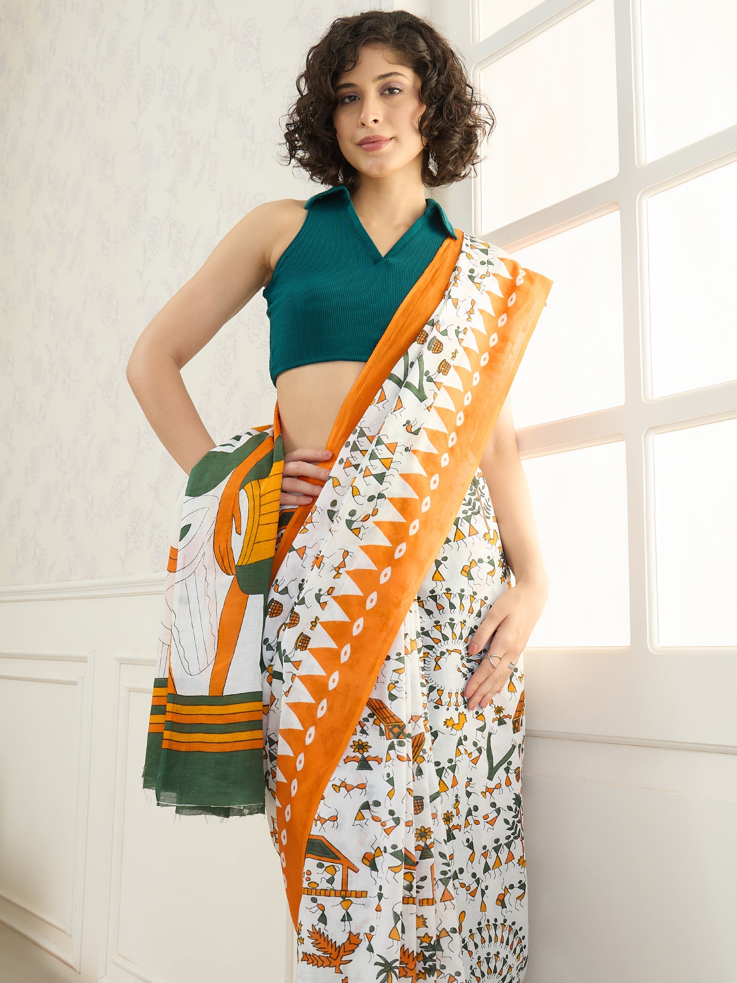 White Arli Art Orange Saree
