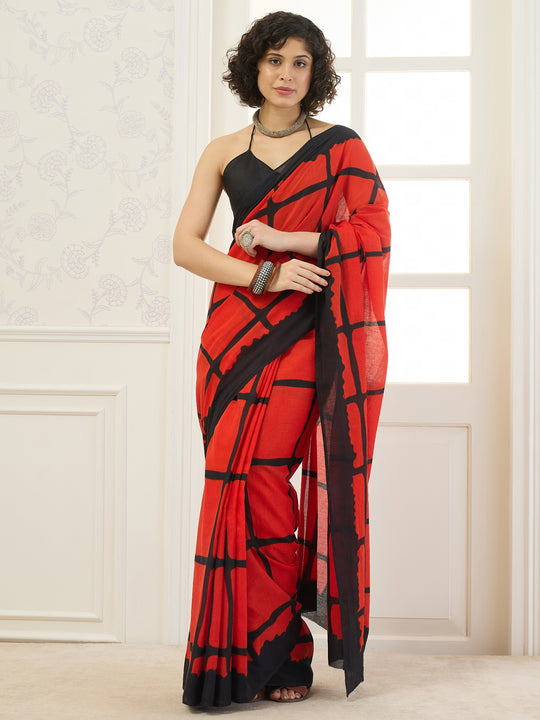 Red Black Large Check Saree