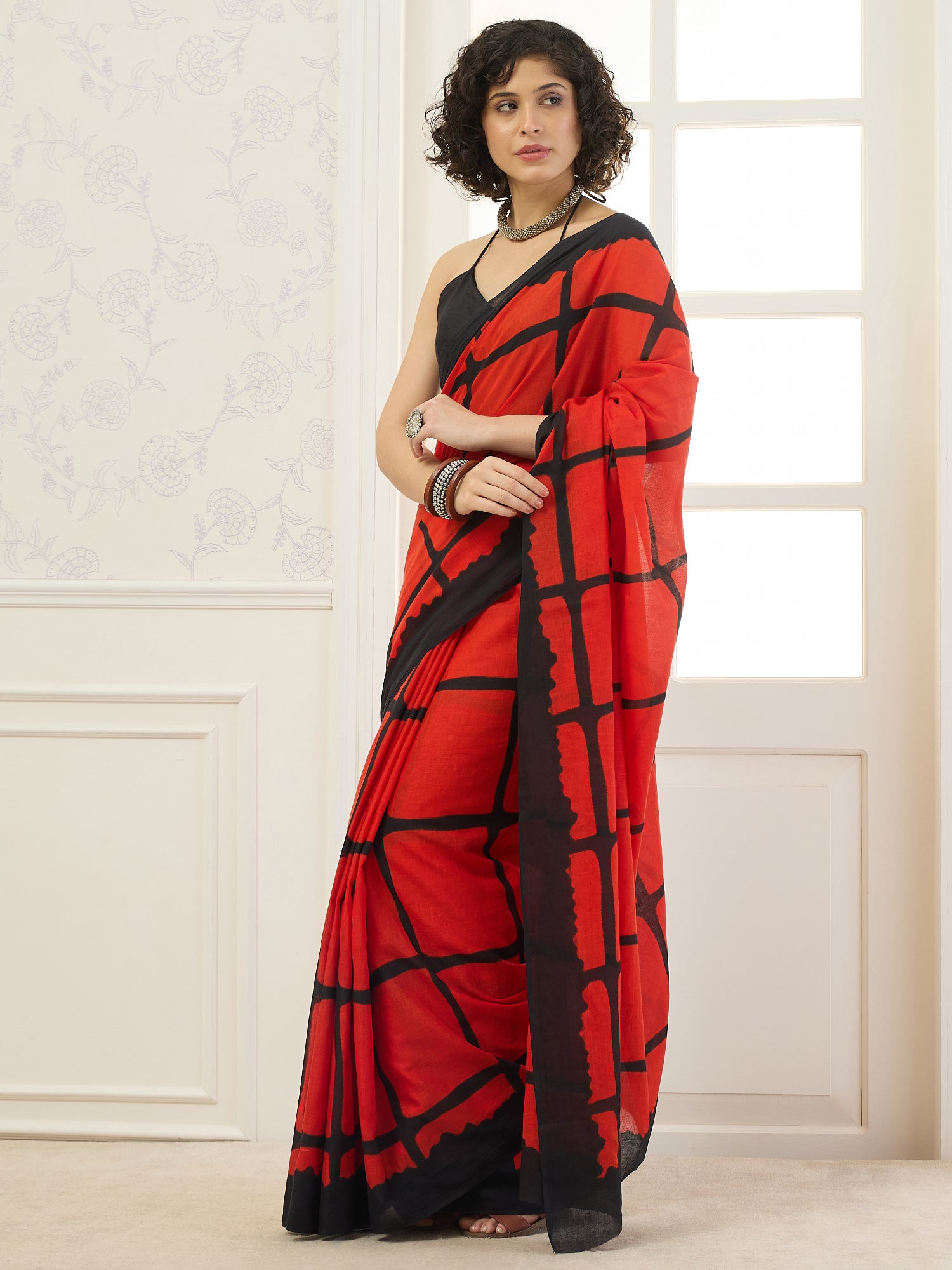 Red Black Large Check Saree