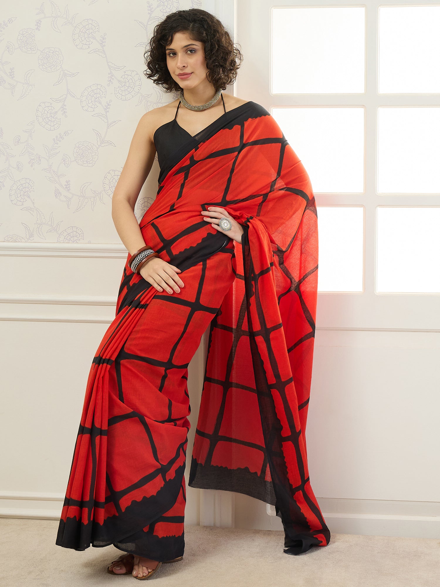Red Black Large Check Saree
