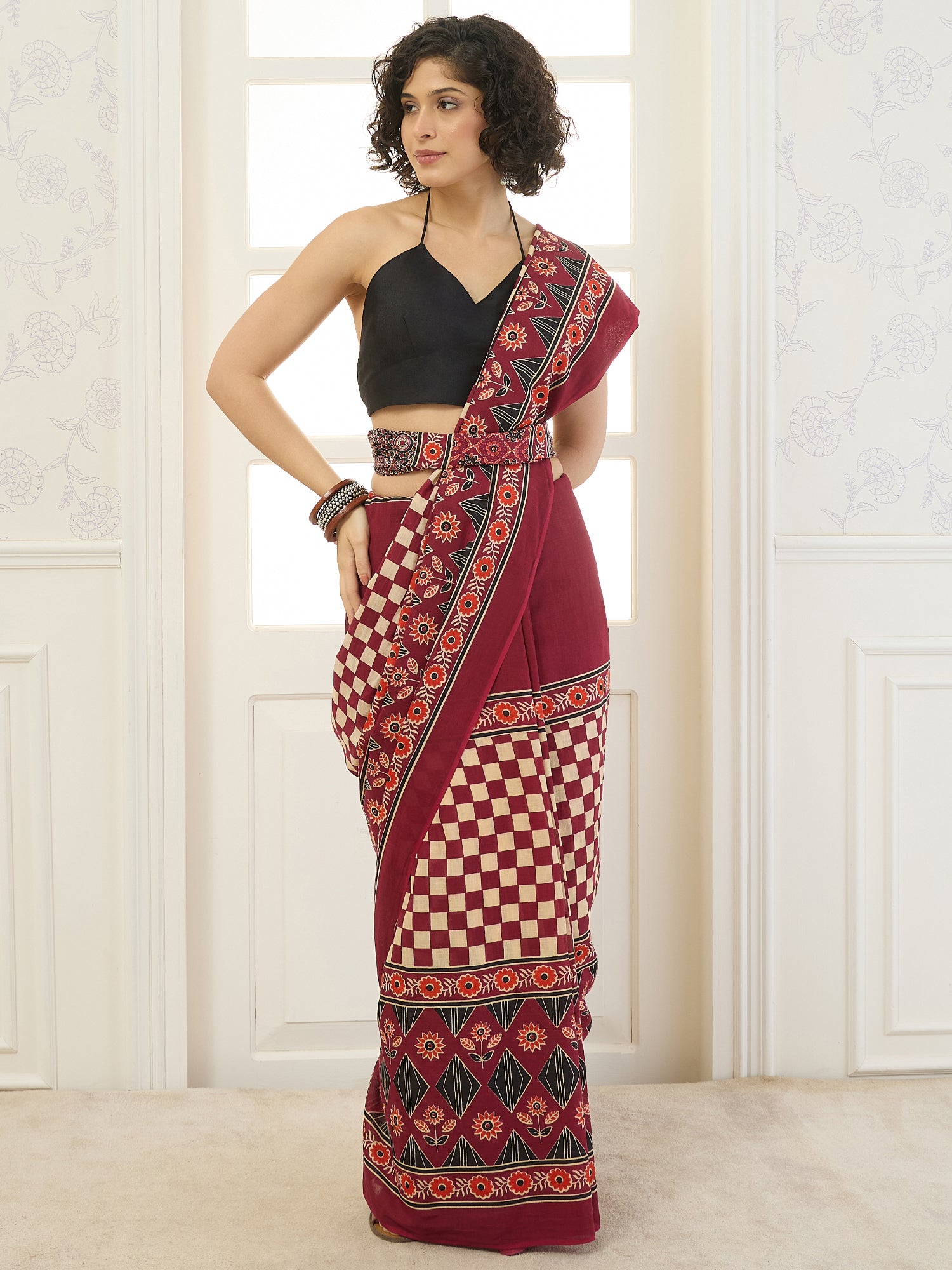Maroon Pasapali Block Saree