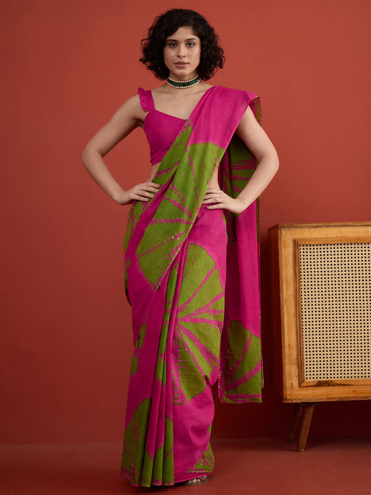 Fuchsia Green Tie & Die Saree