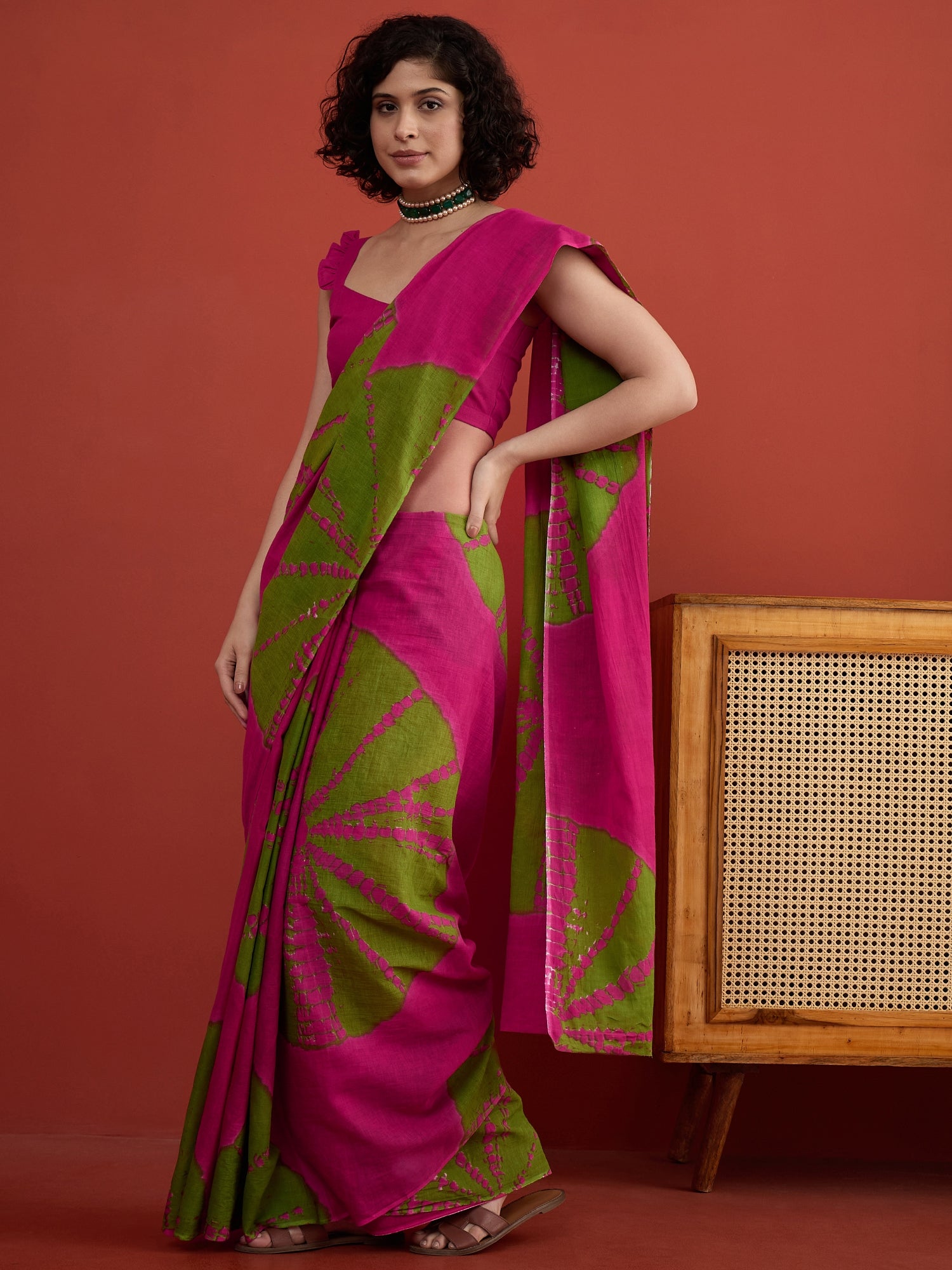 Fuchsia Green Tie & Die Saree