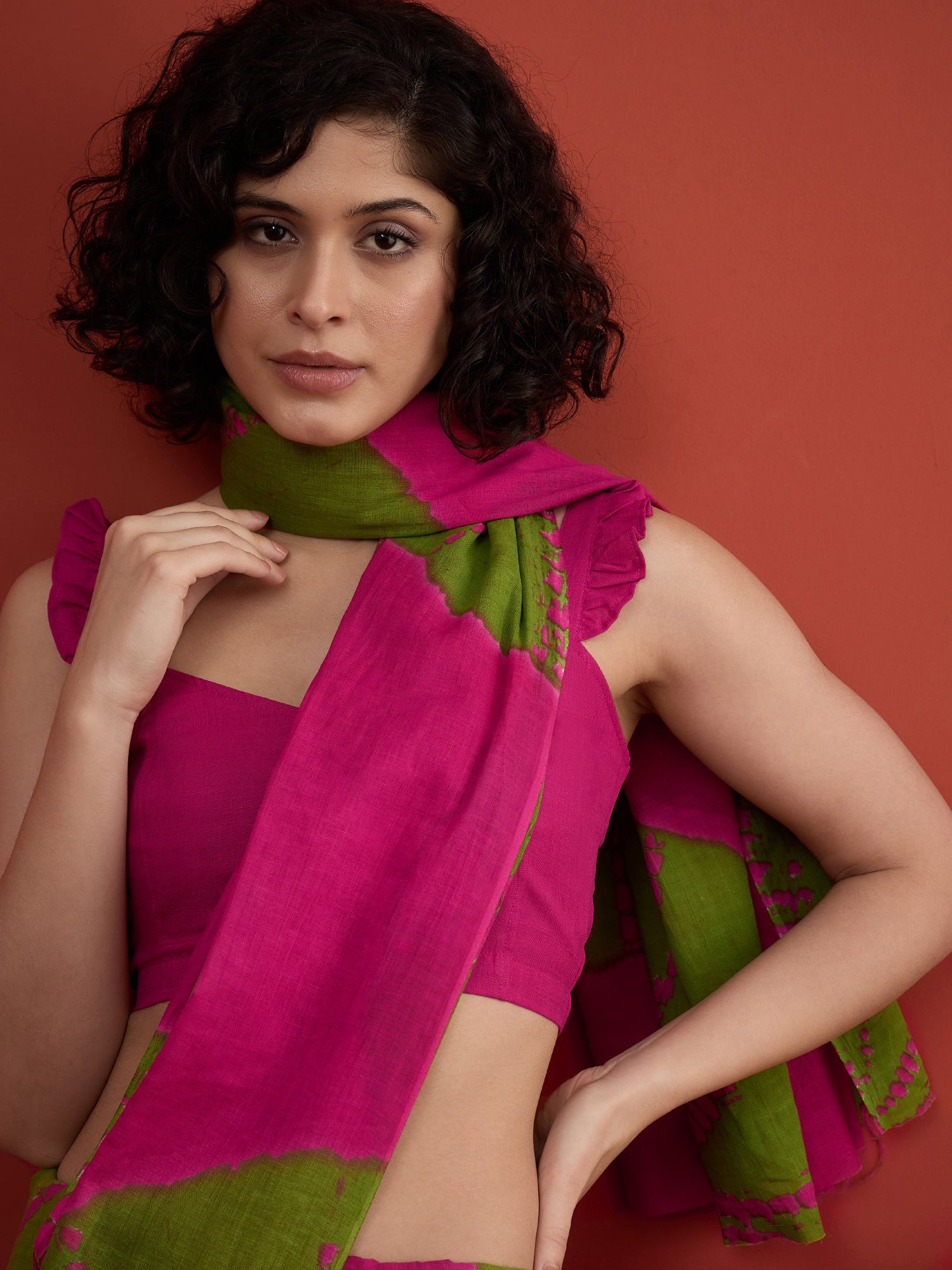 Fuchsia Green Tie & Die Saree