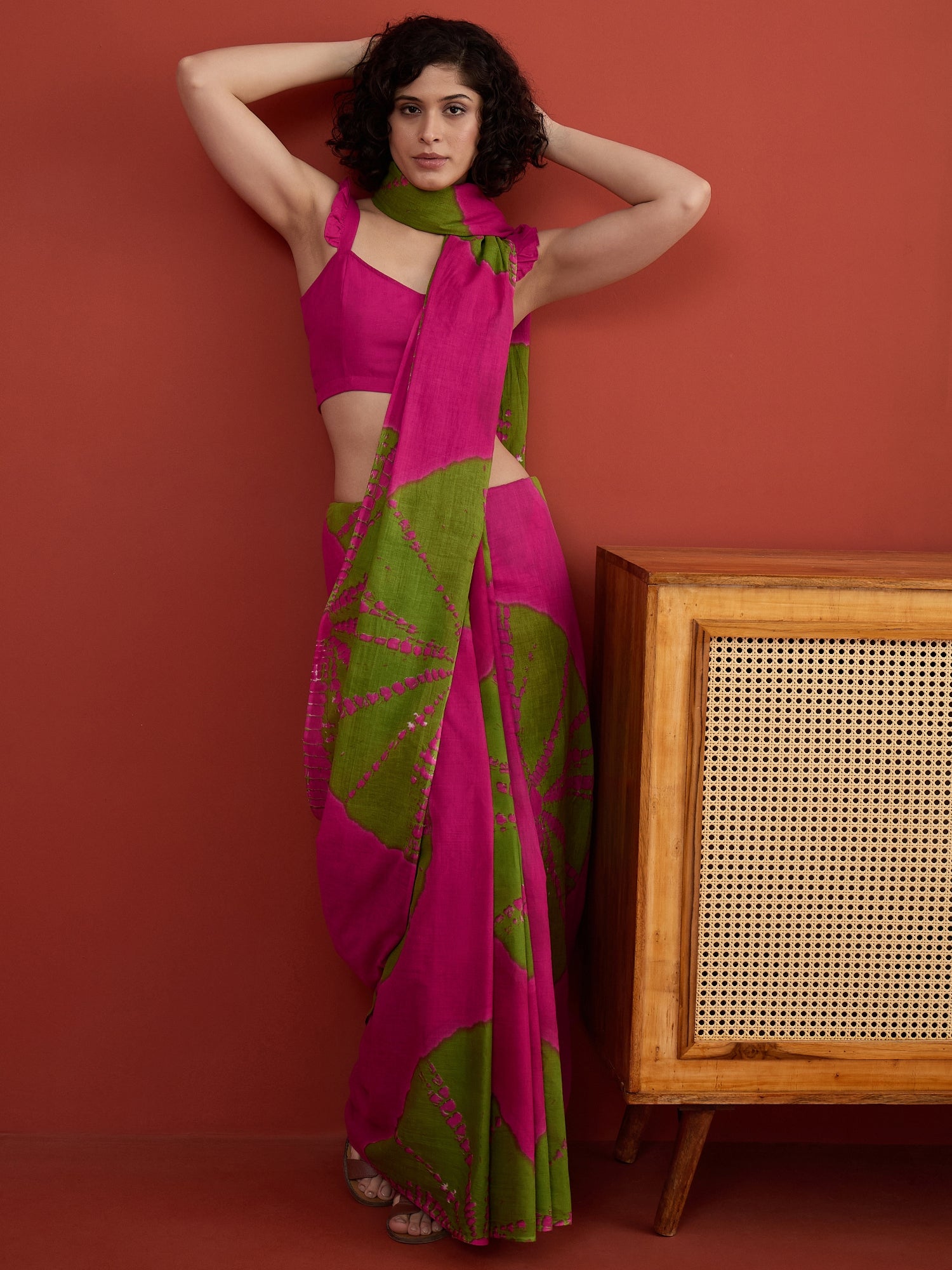 Fuchsia Green Tie & Die Saree