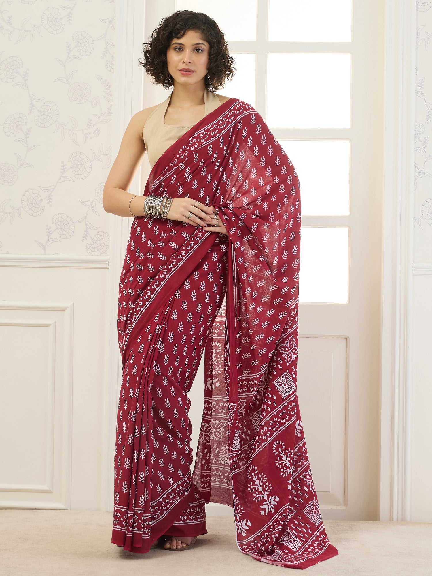 Maroon Leaf Motif Saree