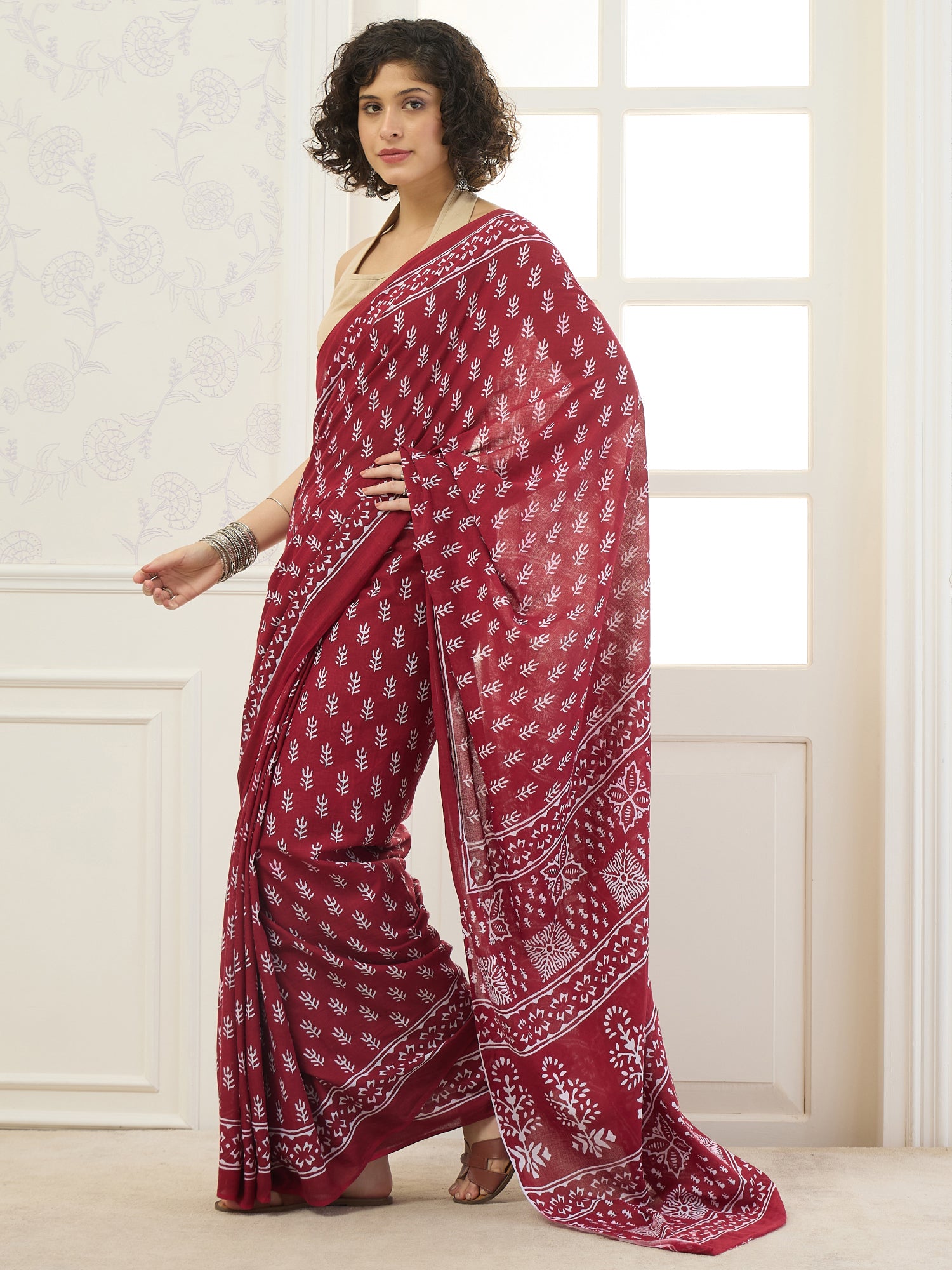 Maroon Leaf Motif Saree