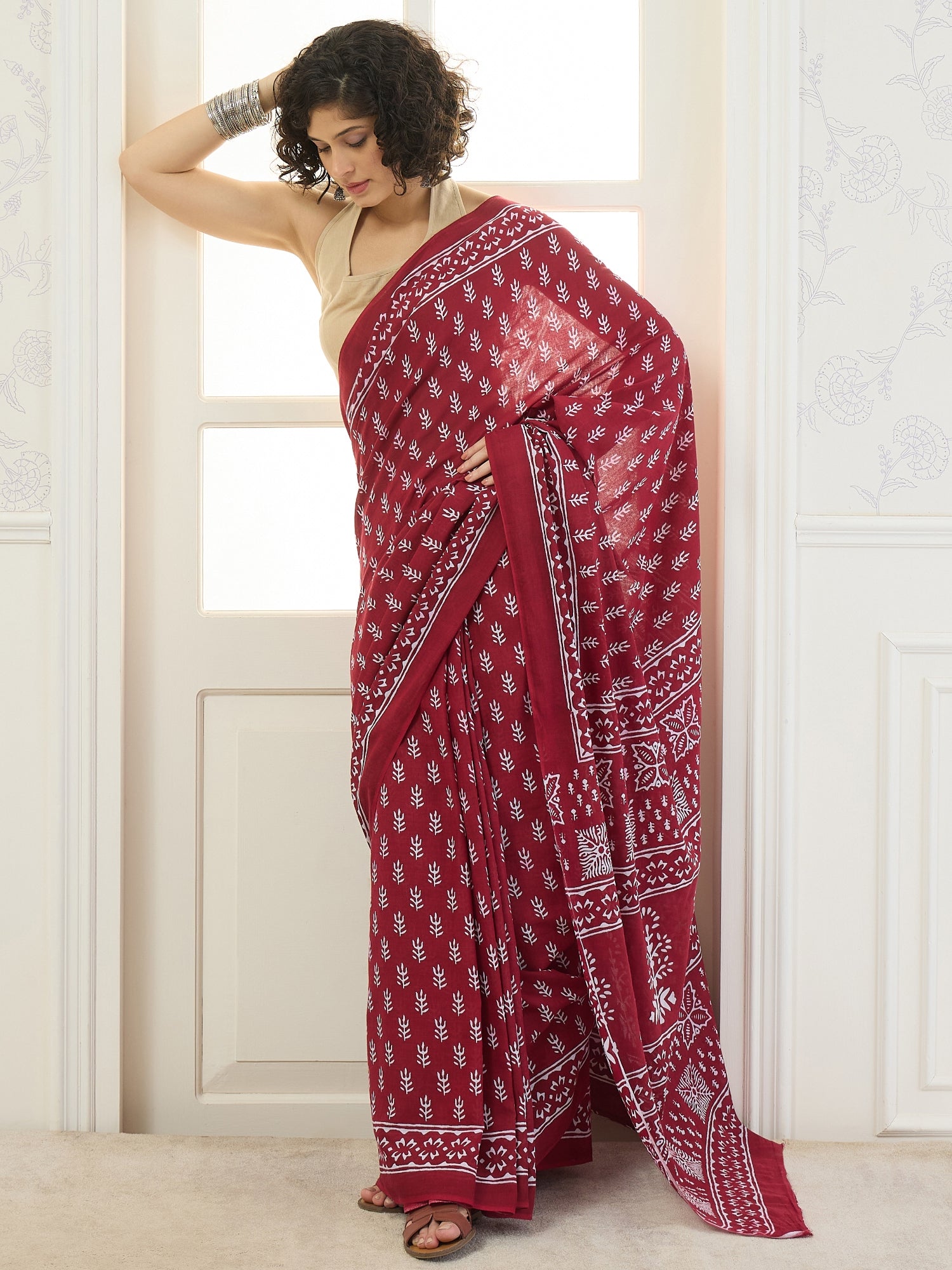 Maroon Leaf Motif Saree