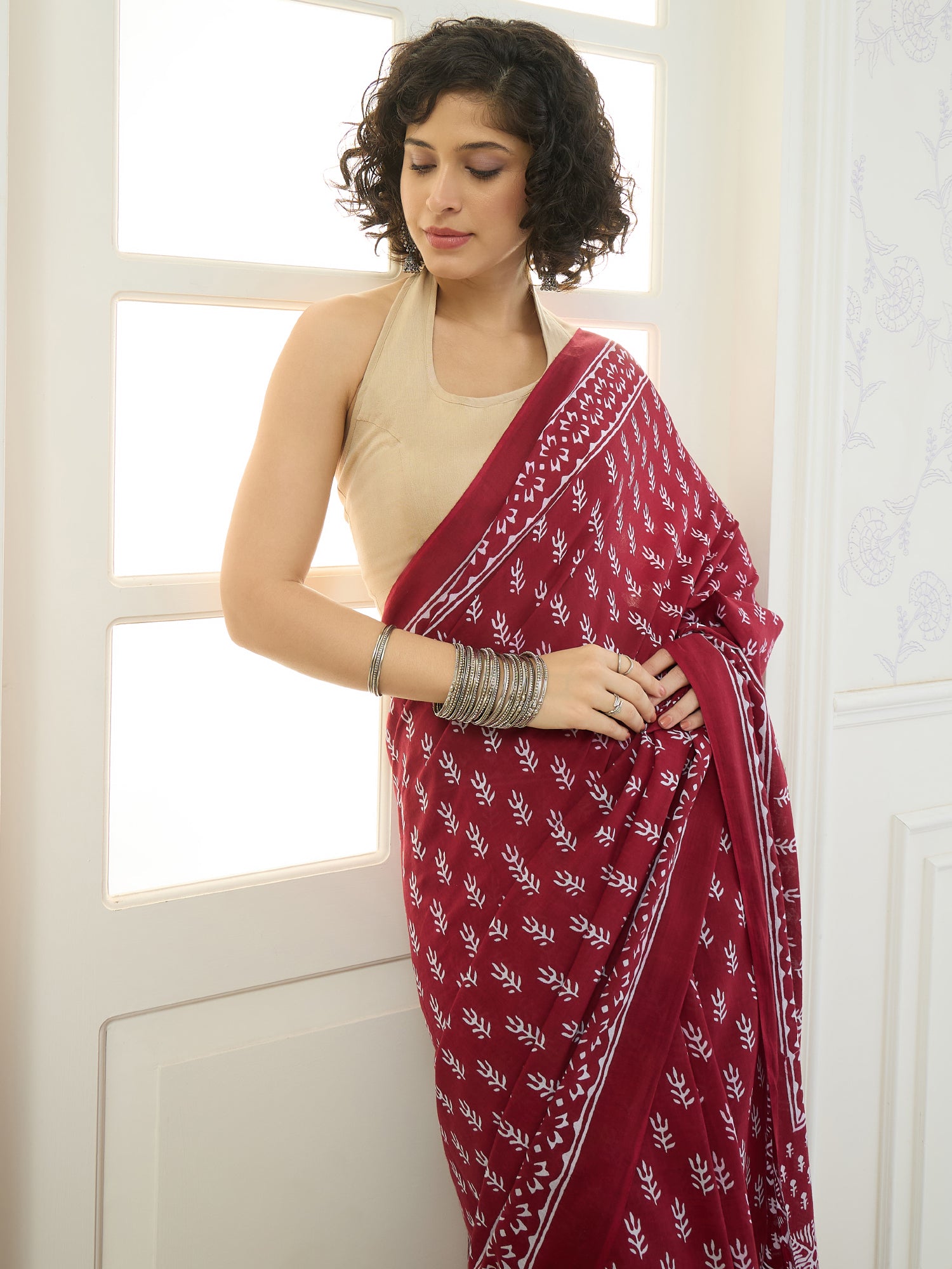 Maroon Leaf Motif Saree