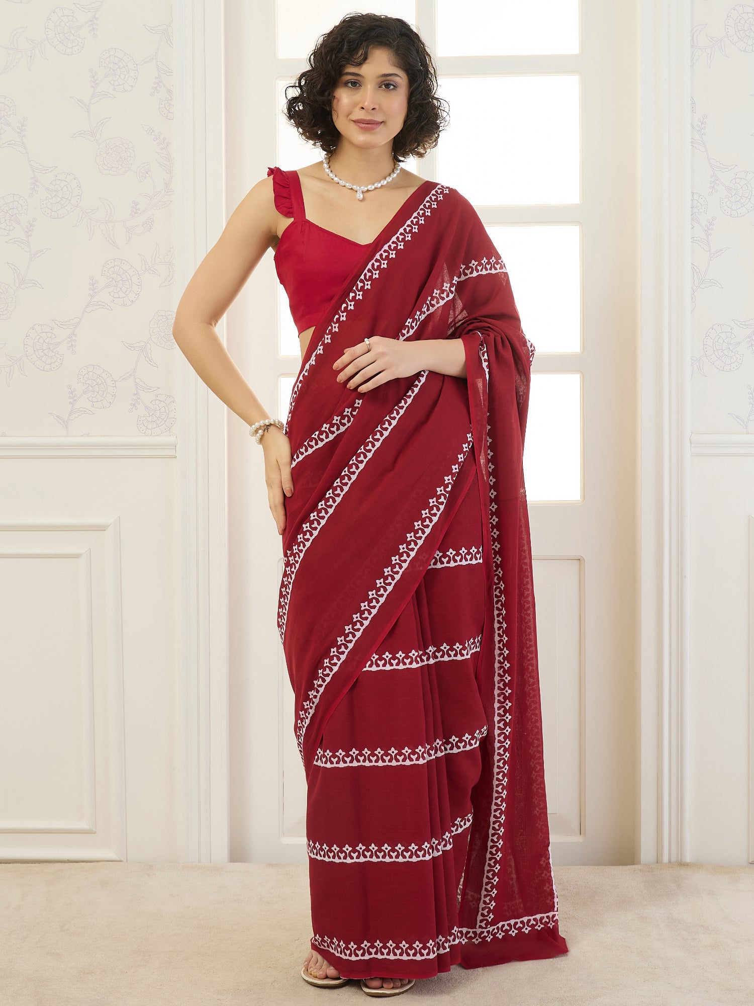 Maroon White Tribal Saree