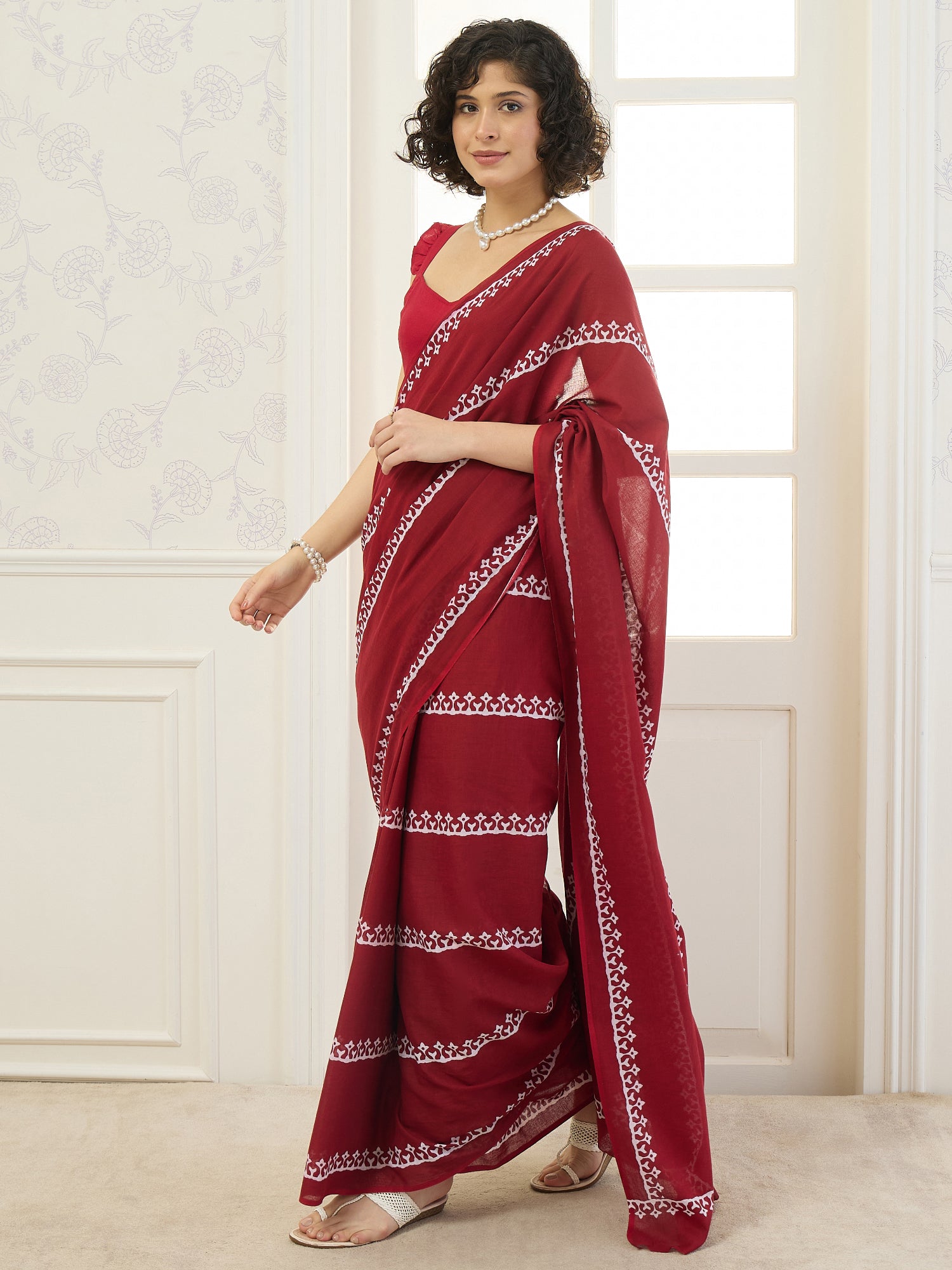 Maroon White Tribal Saree