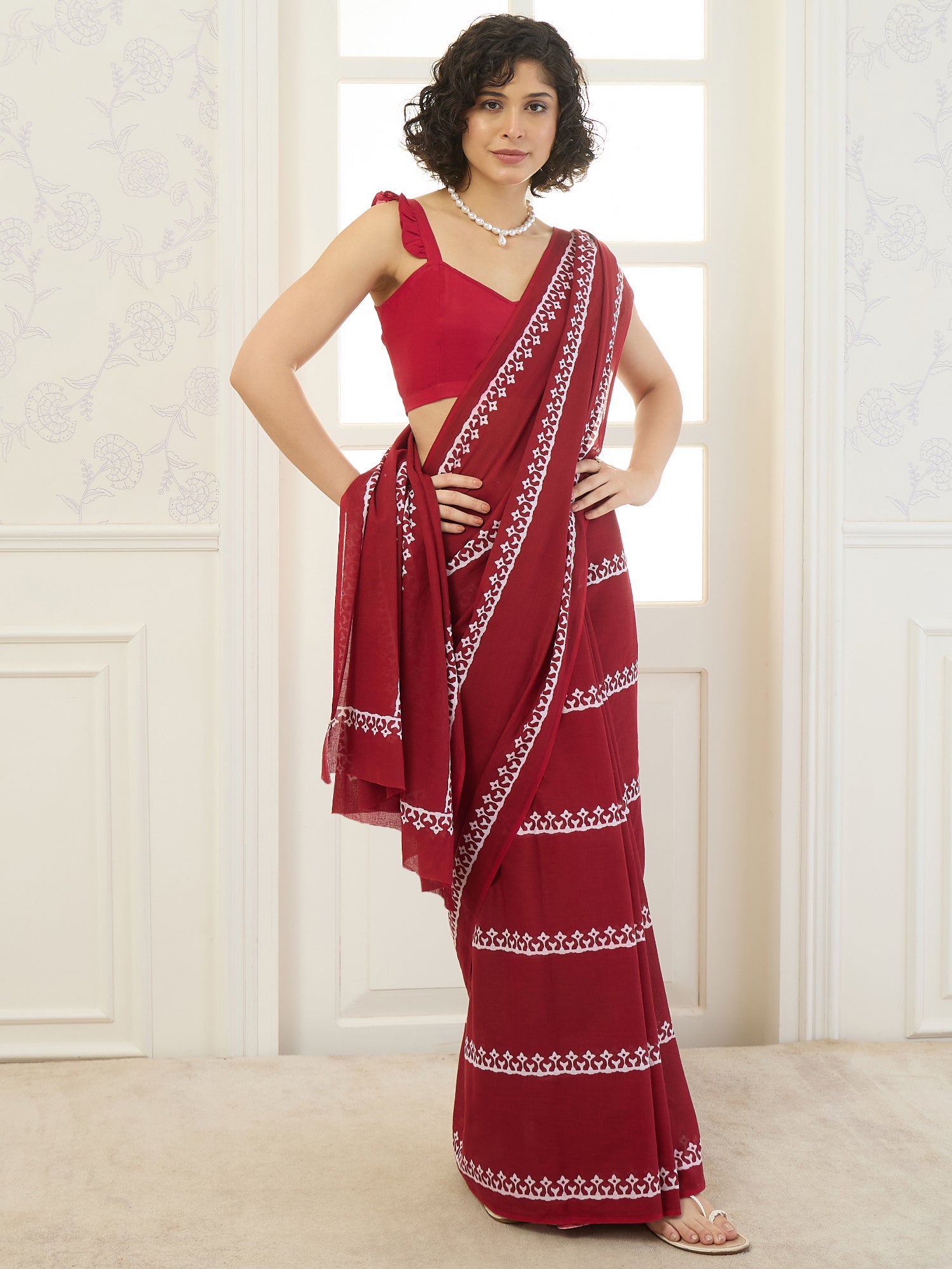 Maroon White Tribal Saree