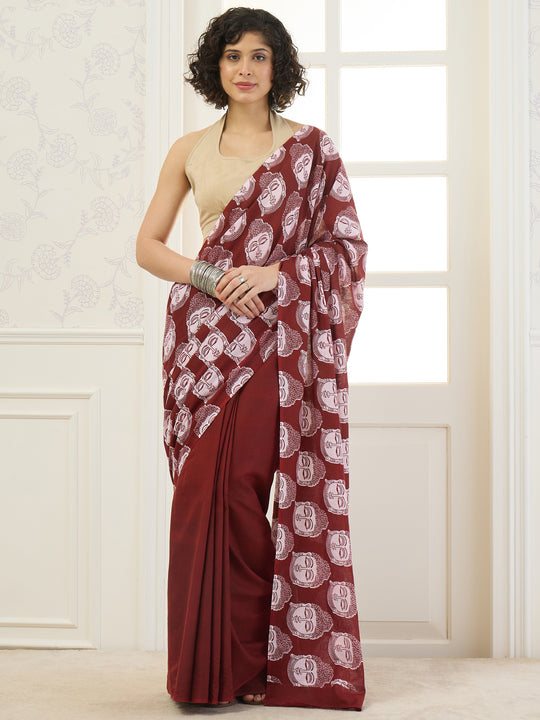 Rust Buddha Print Saree