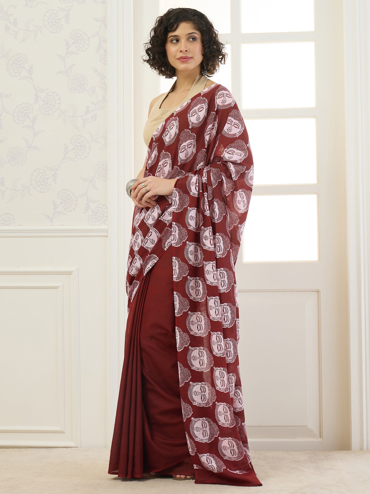 Rust Buddha Print Saree