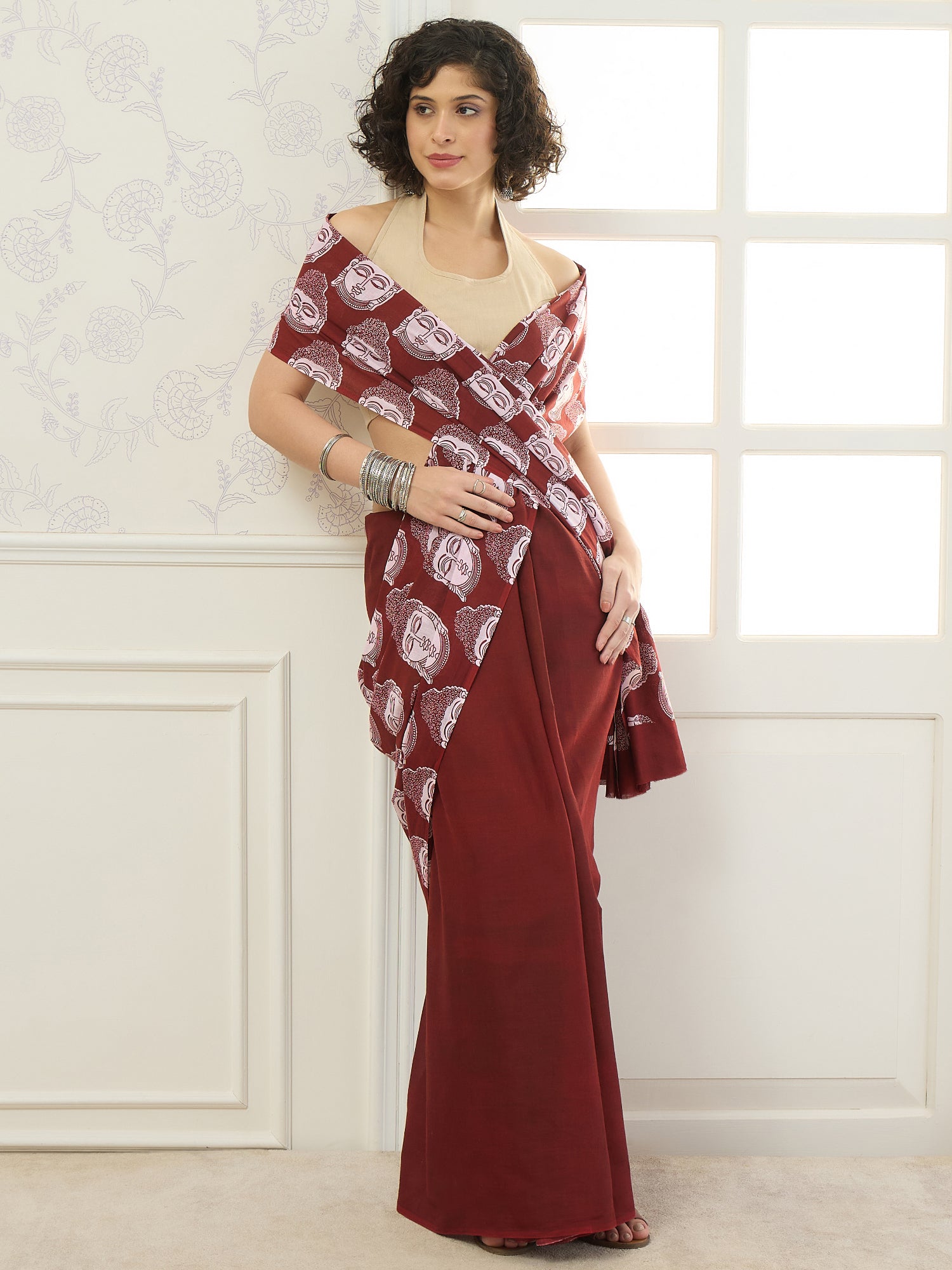 Rust Buddha Print Saree