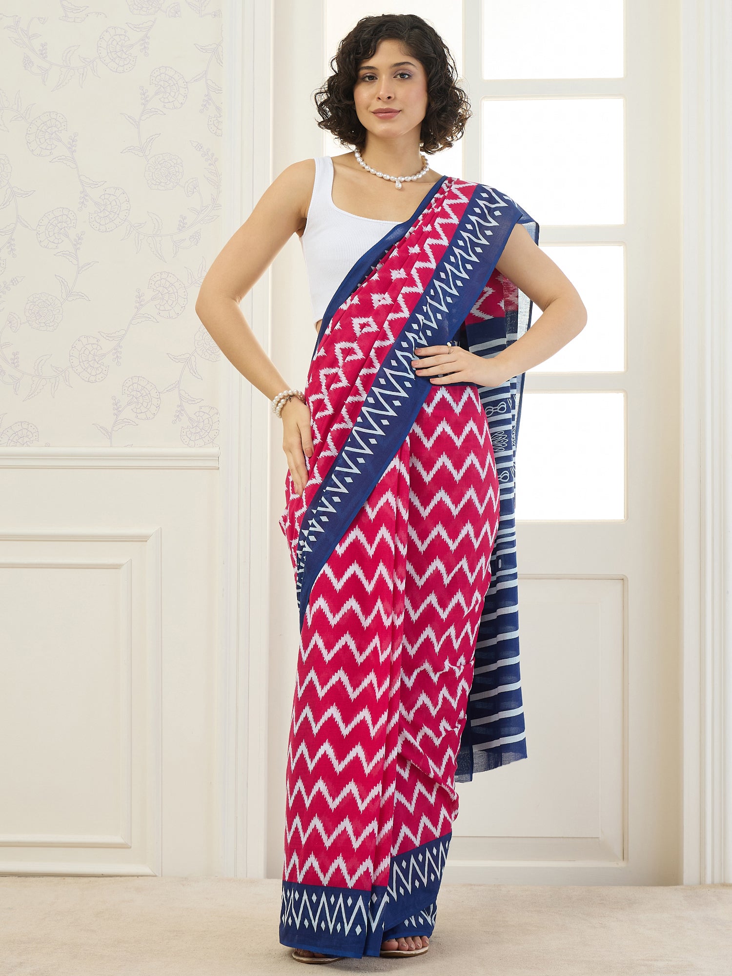 Pink Chevron Blue Saree