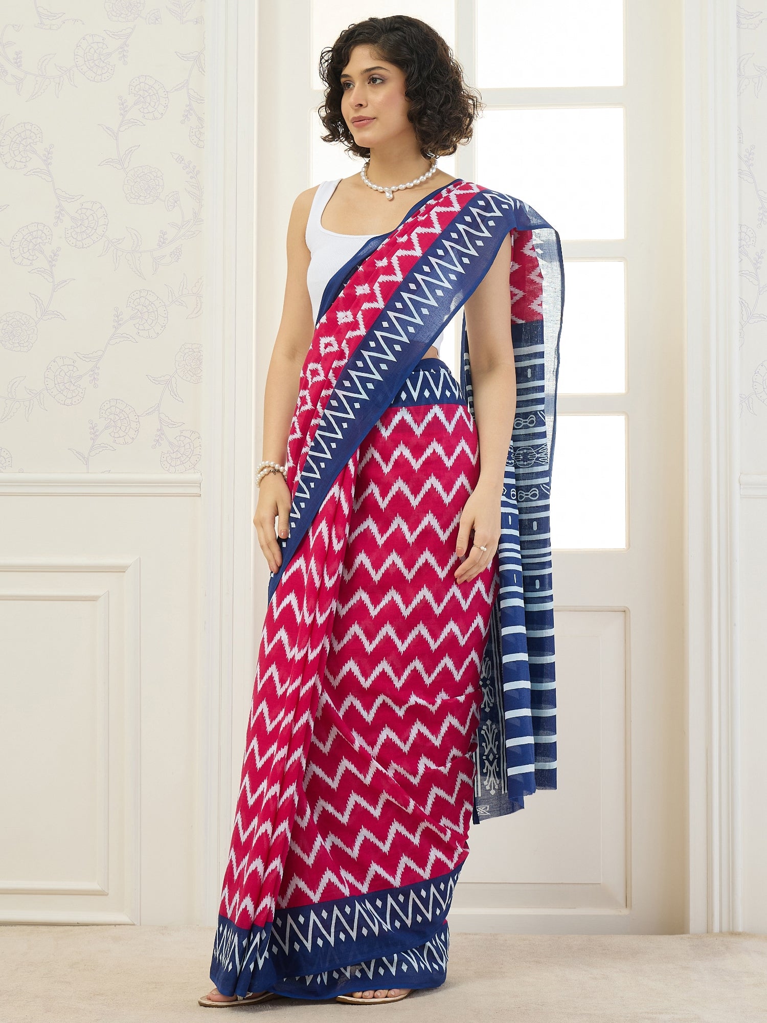 Pink Chevron Blue Saree