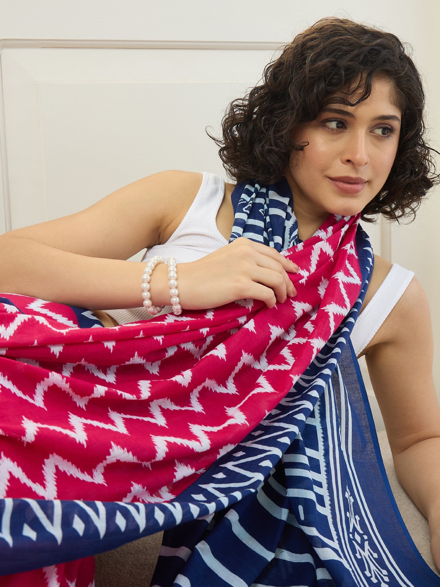 Pink Chevron Blue Saree