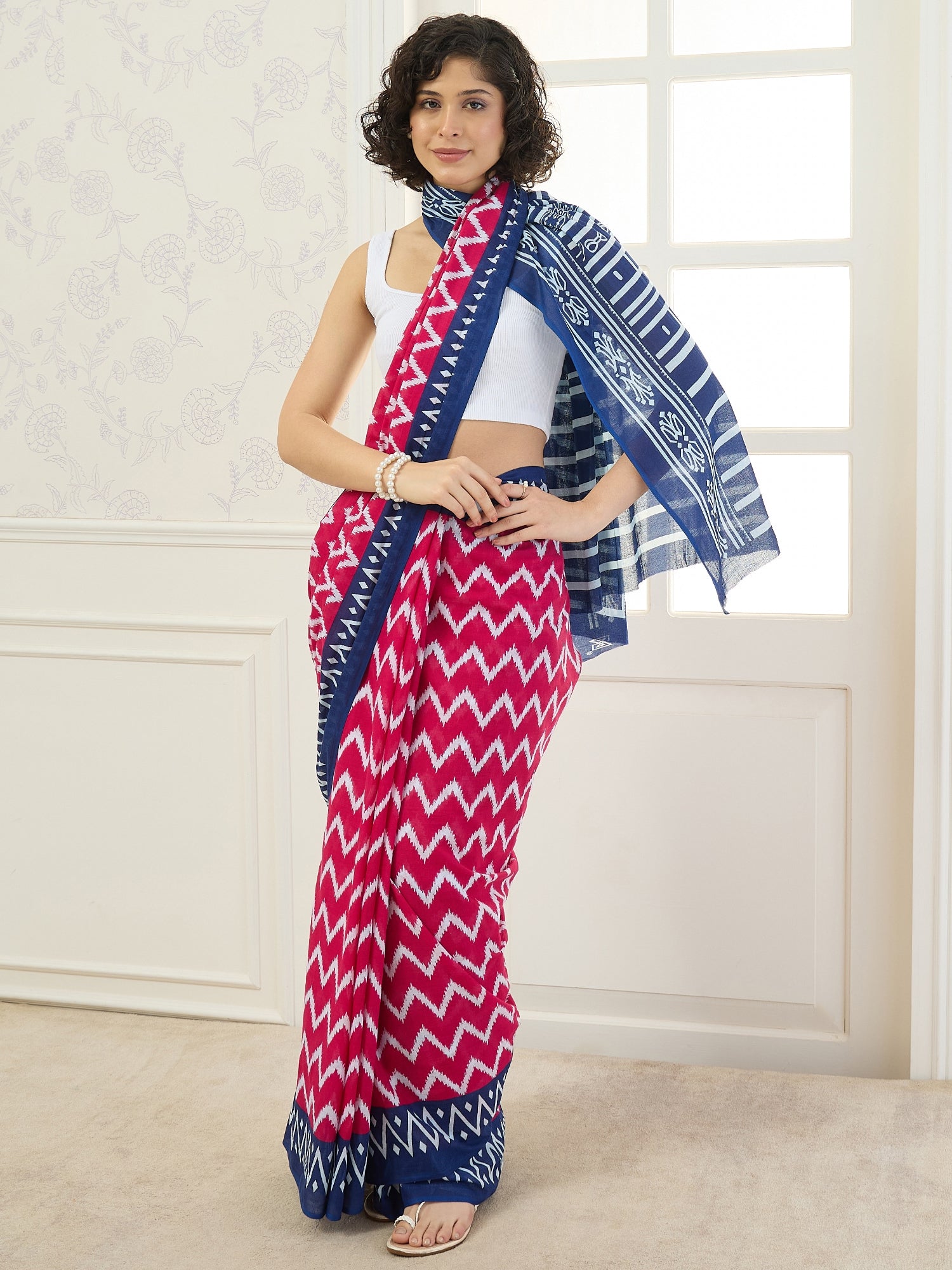 Pink Chevron Blue Saree
