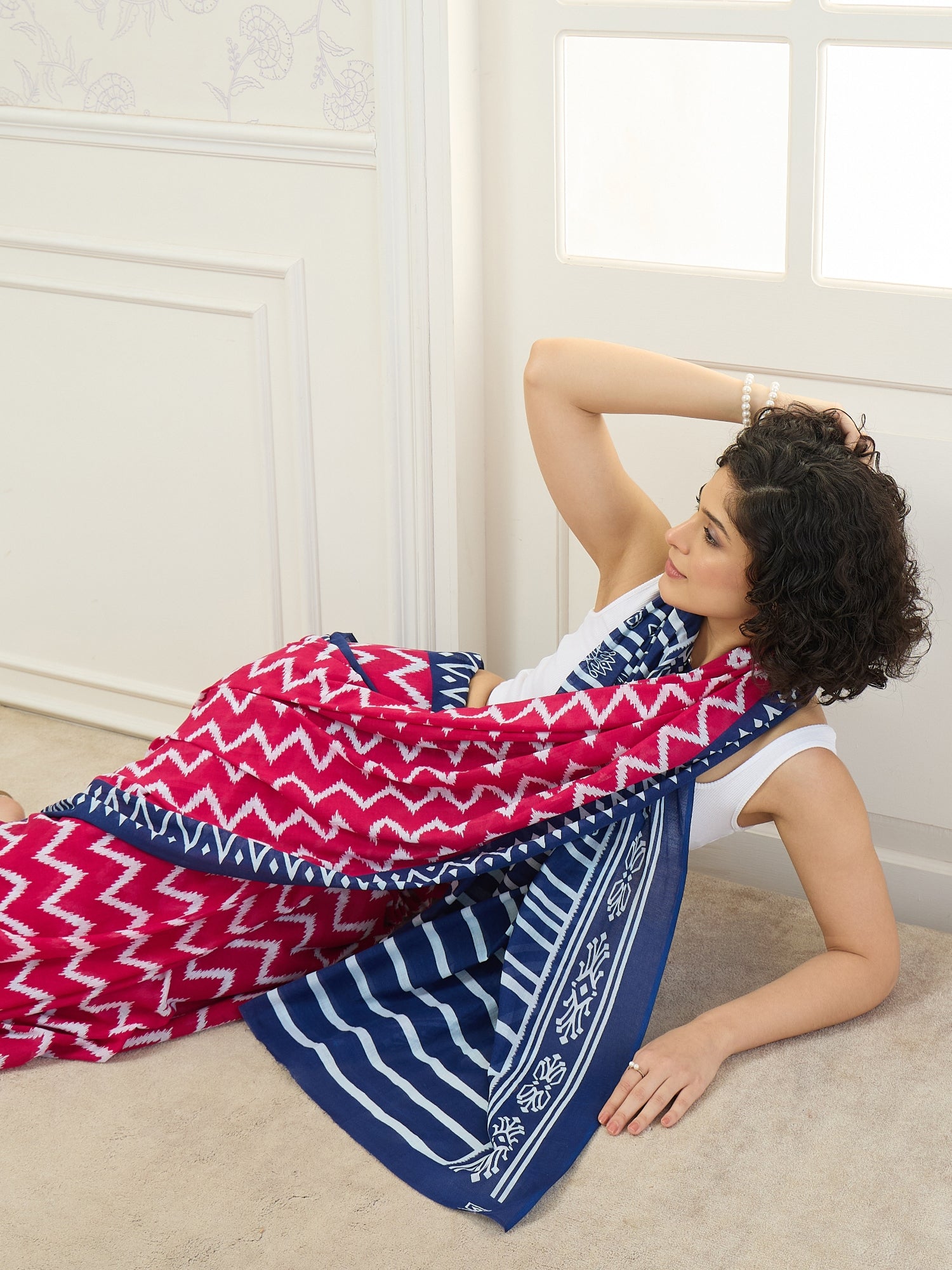 Pink Chevron Blue Saree