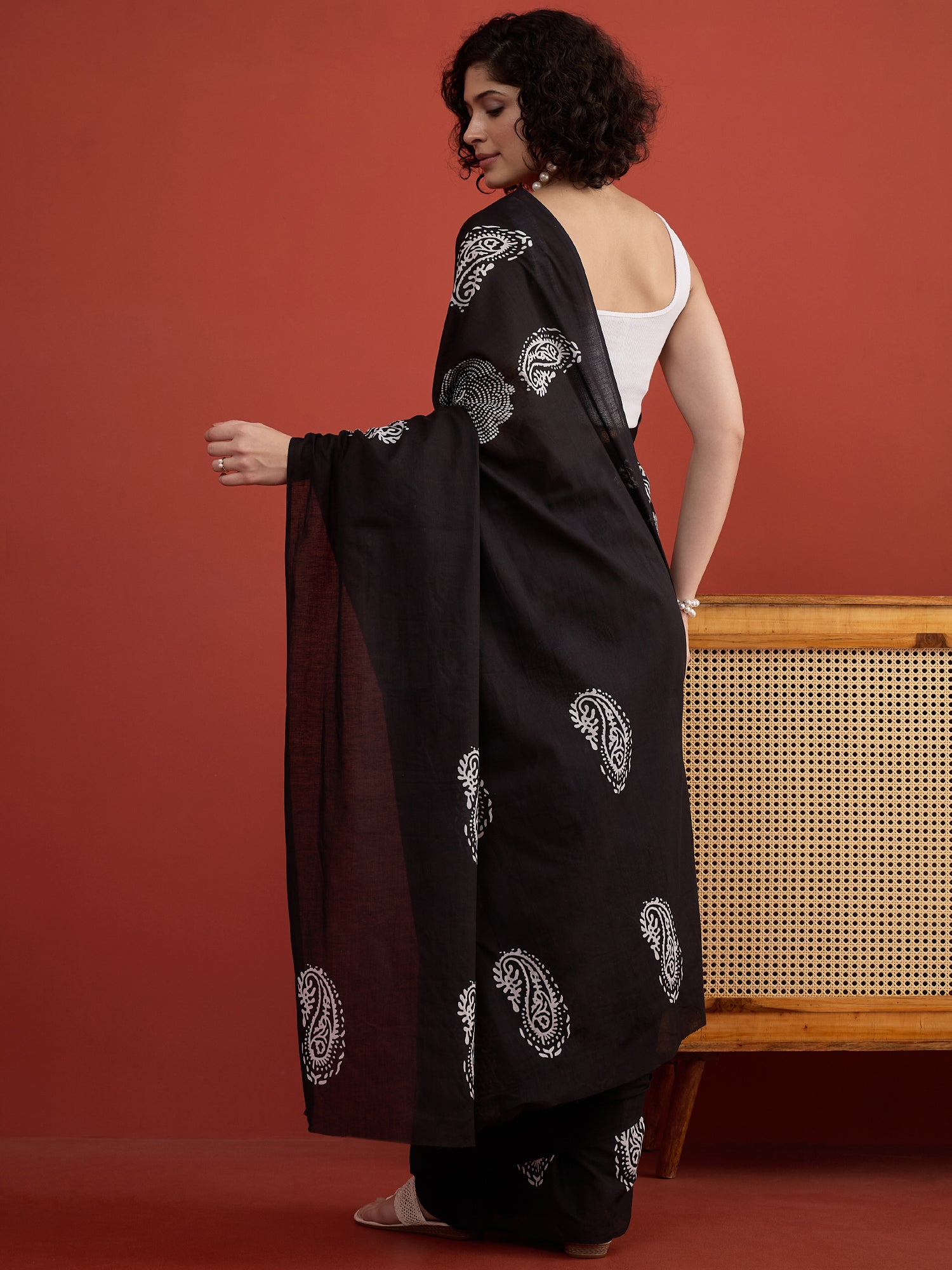 Black Base White Print Saree