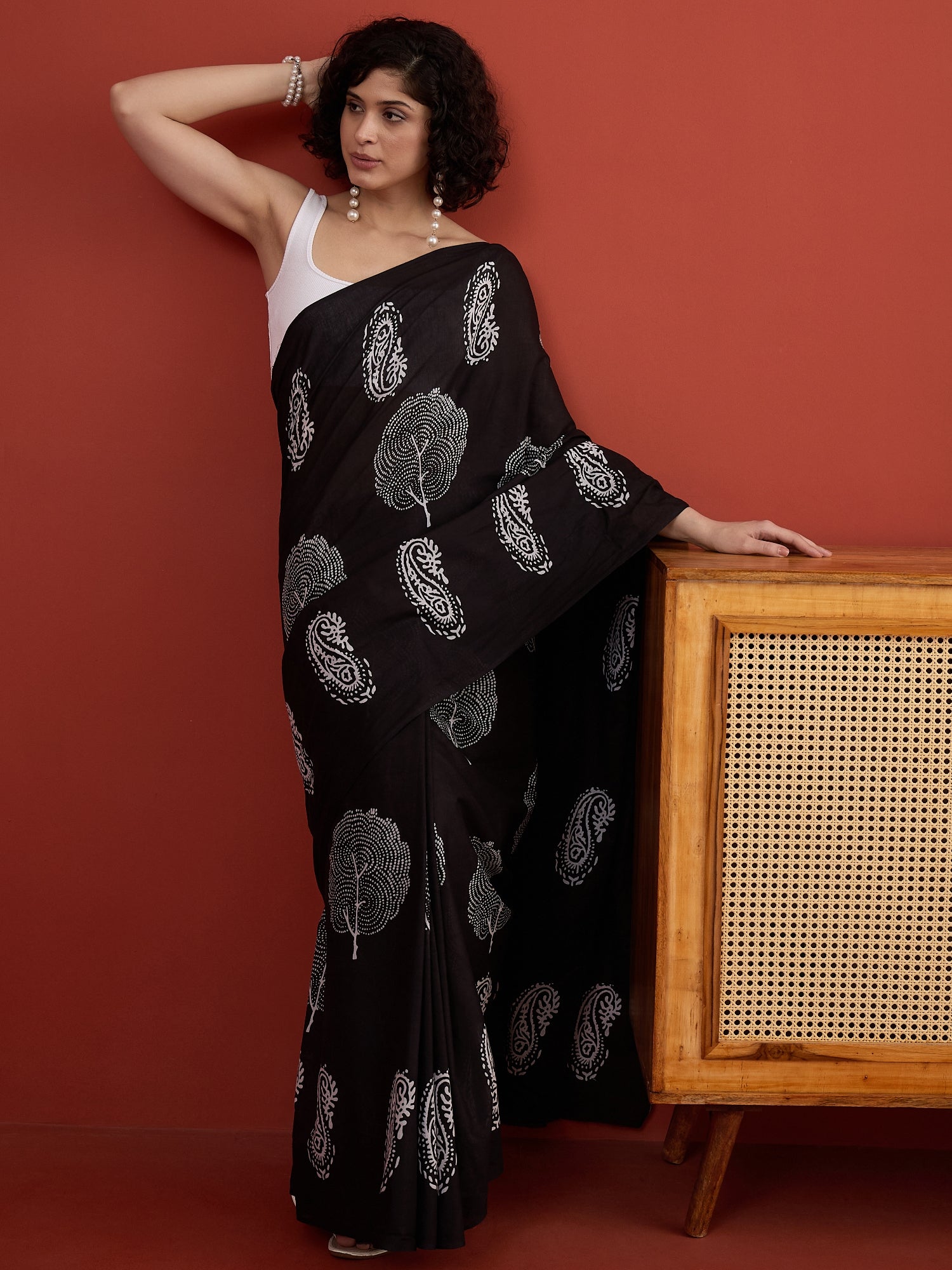Black Base White Print Saree