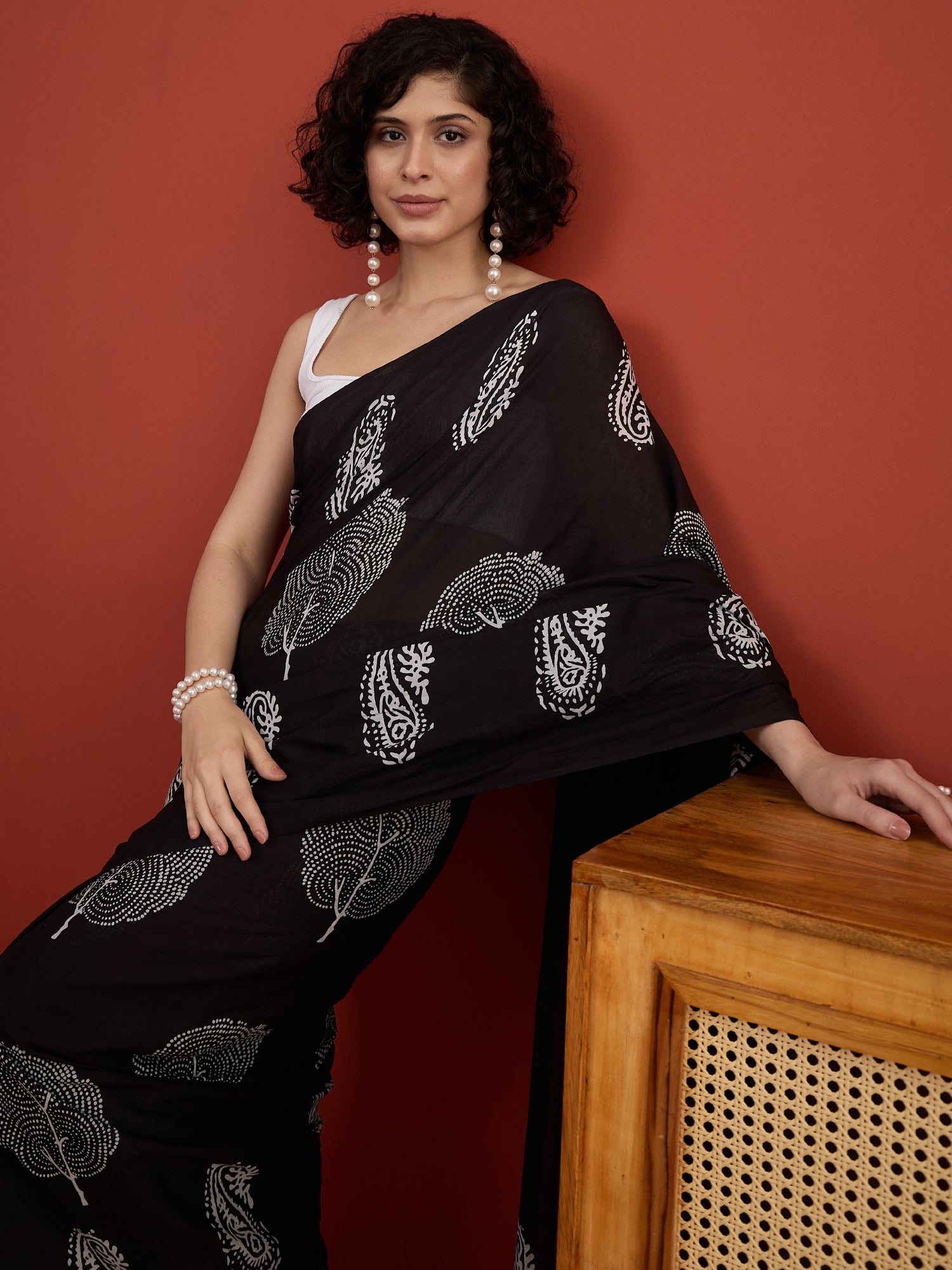 Black Base White Print Saree