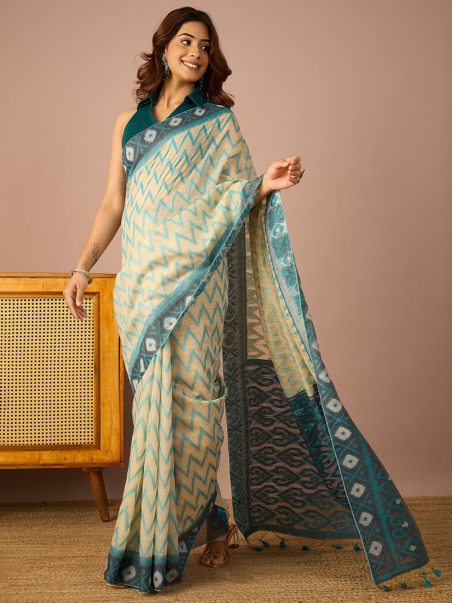 Sky Blue Chevron Ikat Saree