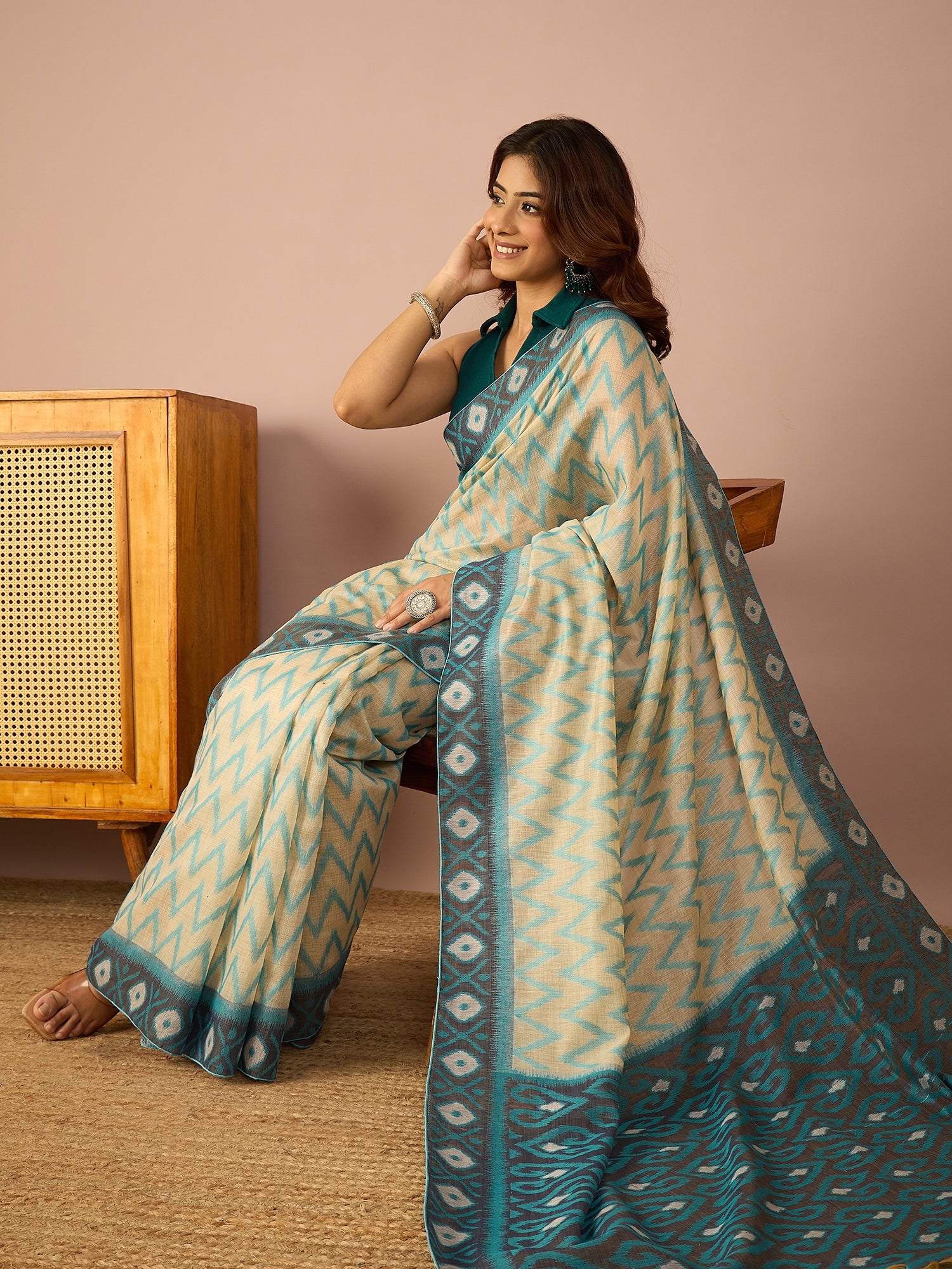 Sky Blue Chevron Ikat Saree