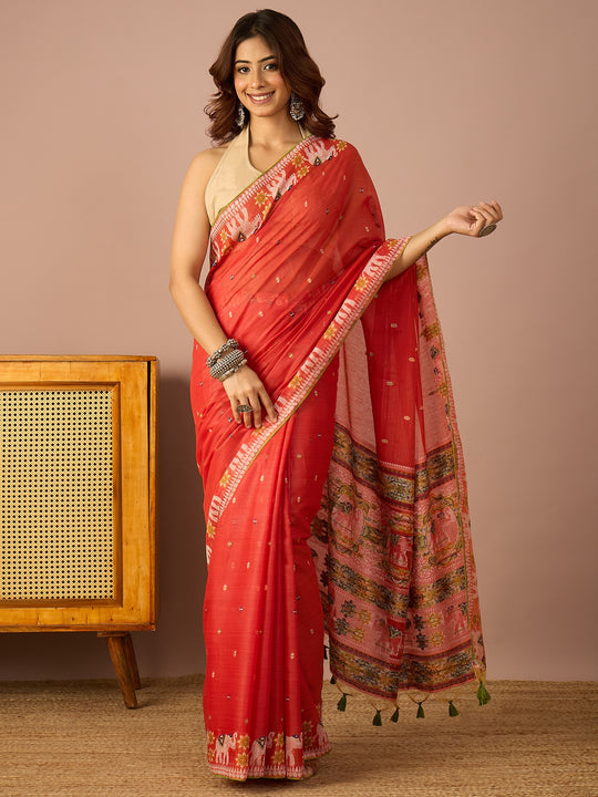 Red Elephant Work Saree