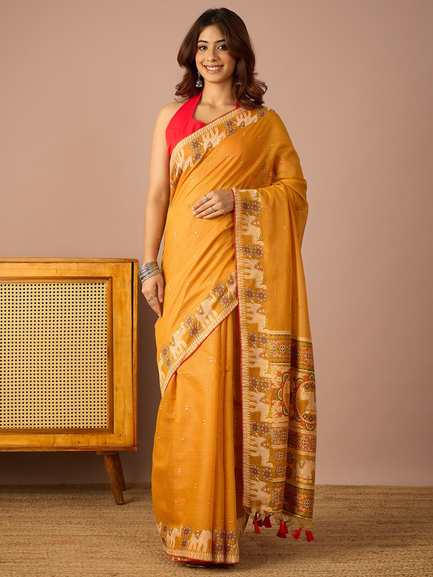 Mustard Banarasi Kora Saree