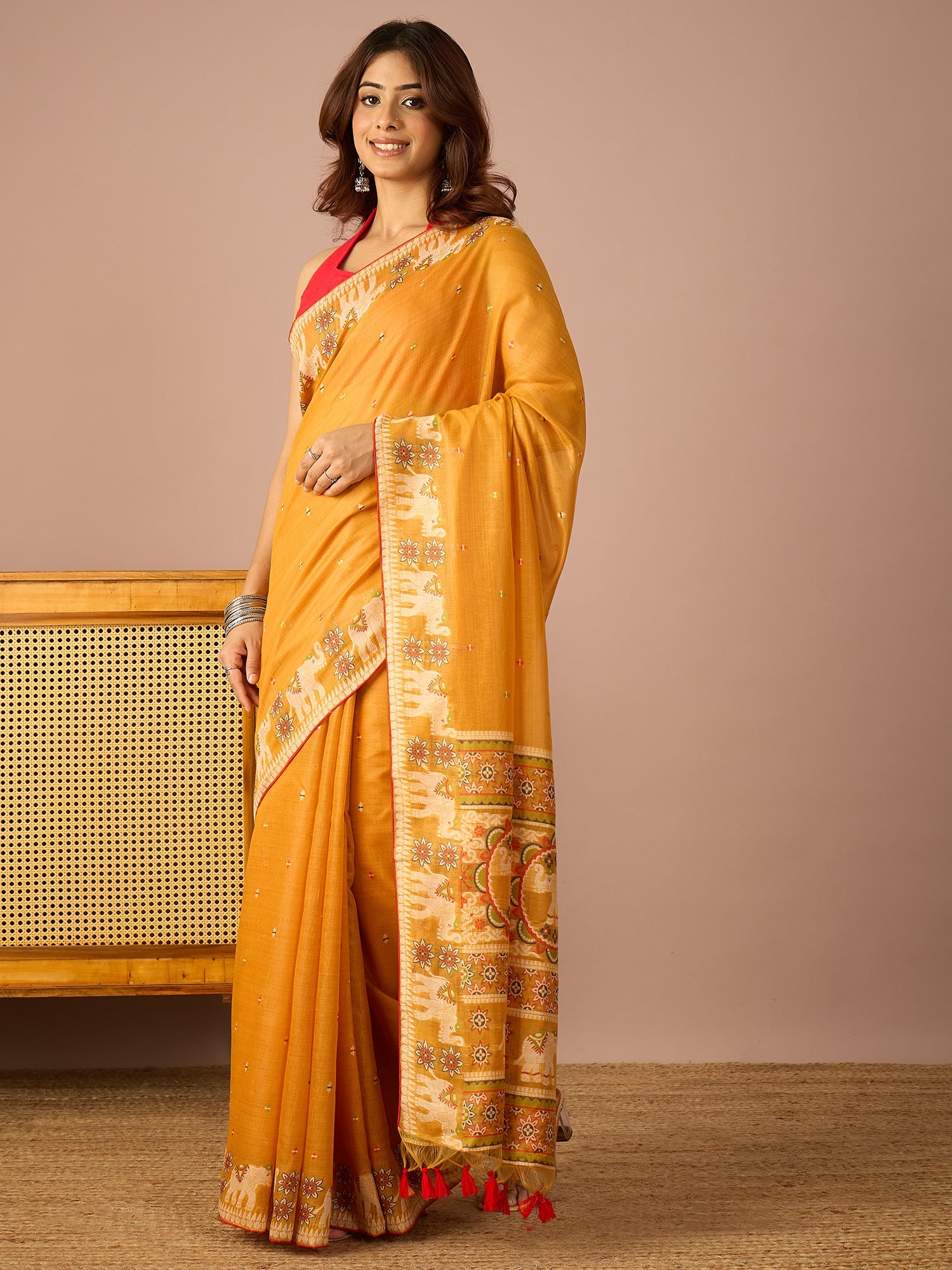 Mustard Banarasi Kora Saree