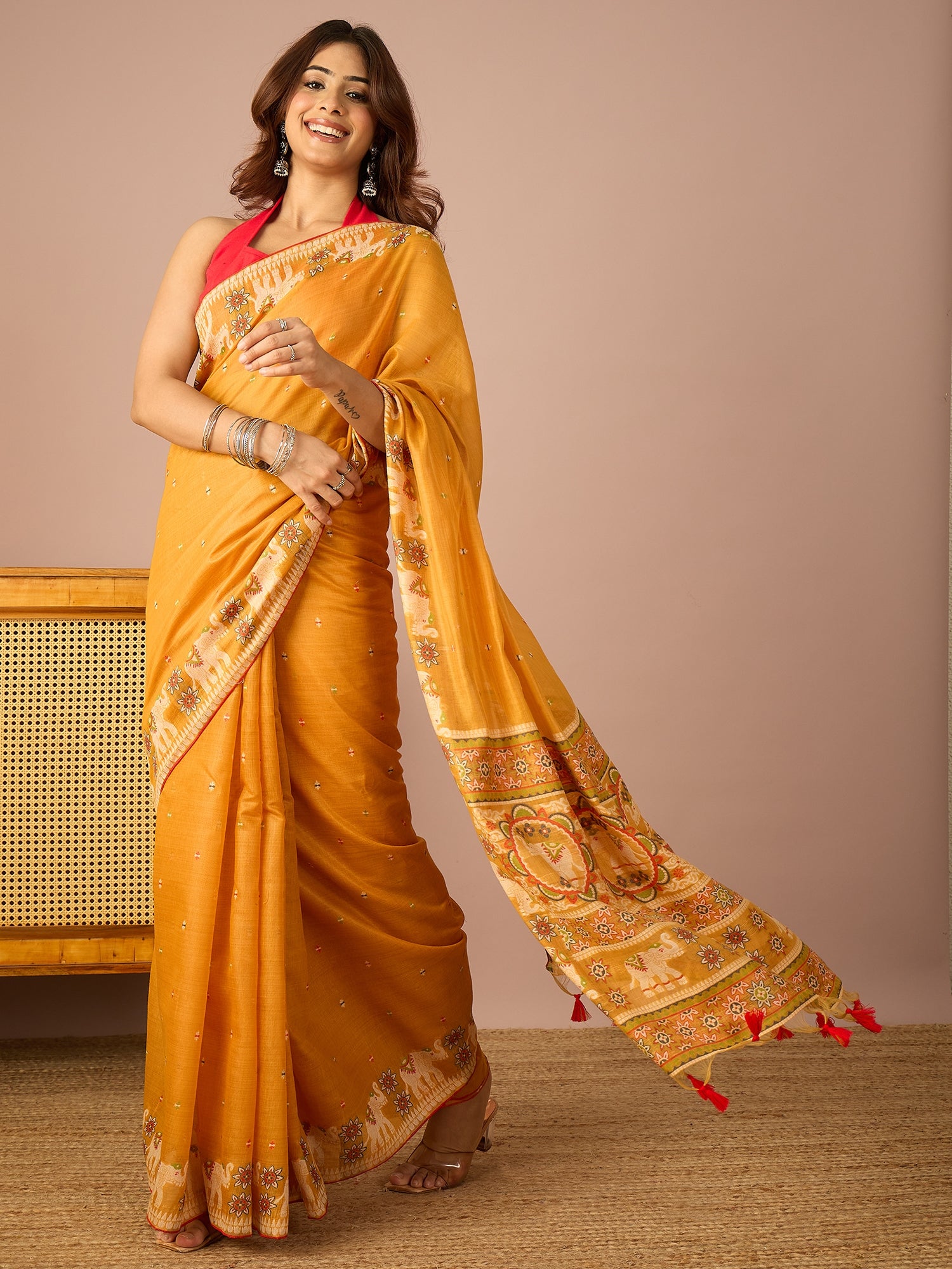 Mustard Banarasi Kora Saree