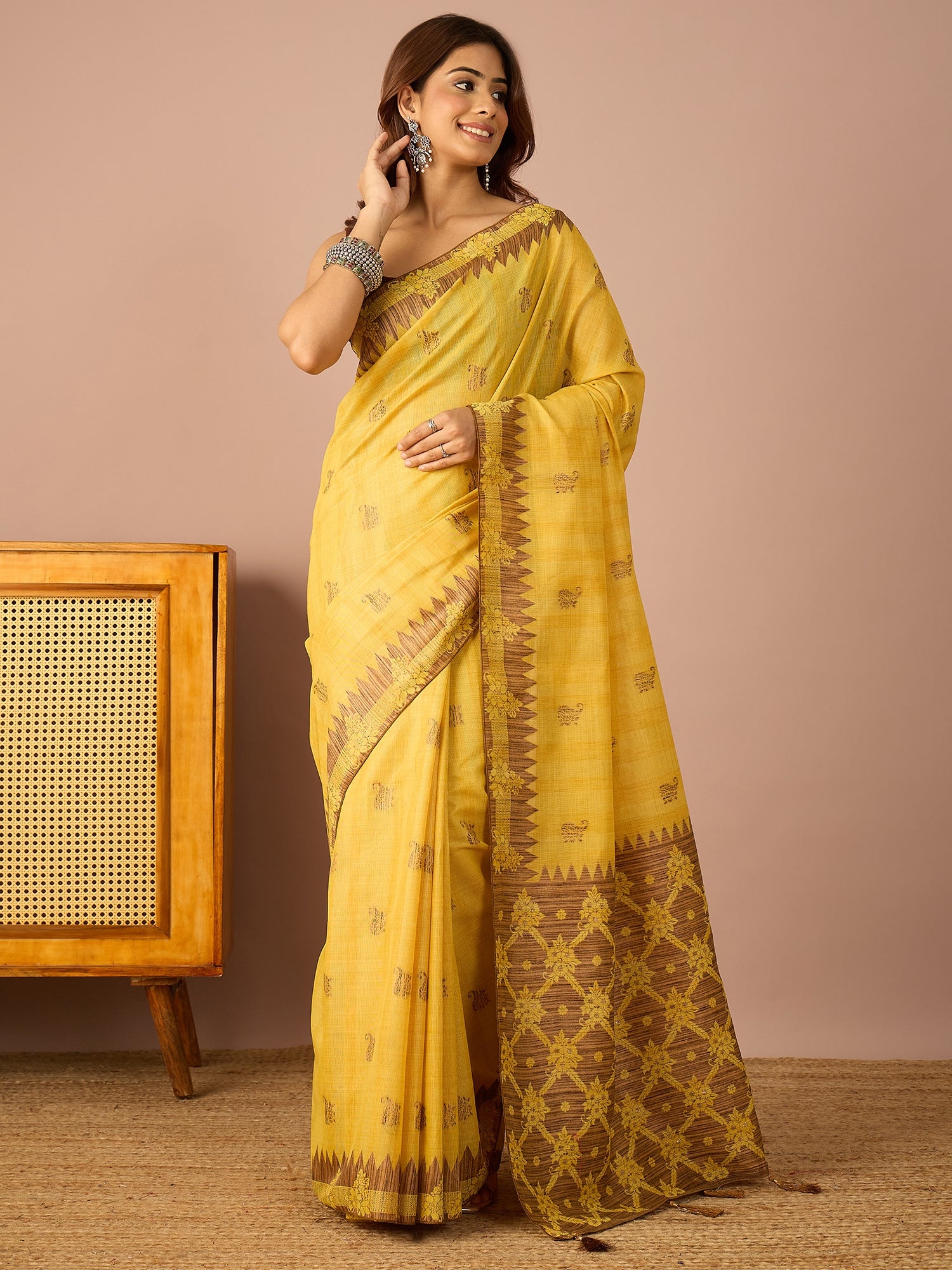 Yellow Brown Temple Border Saree