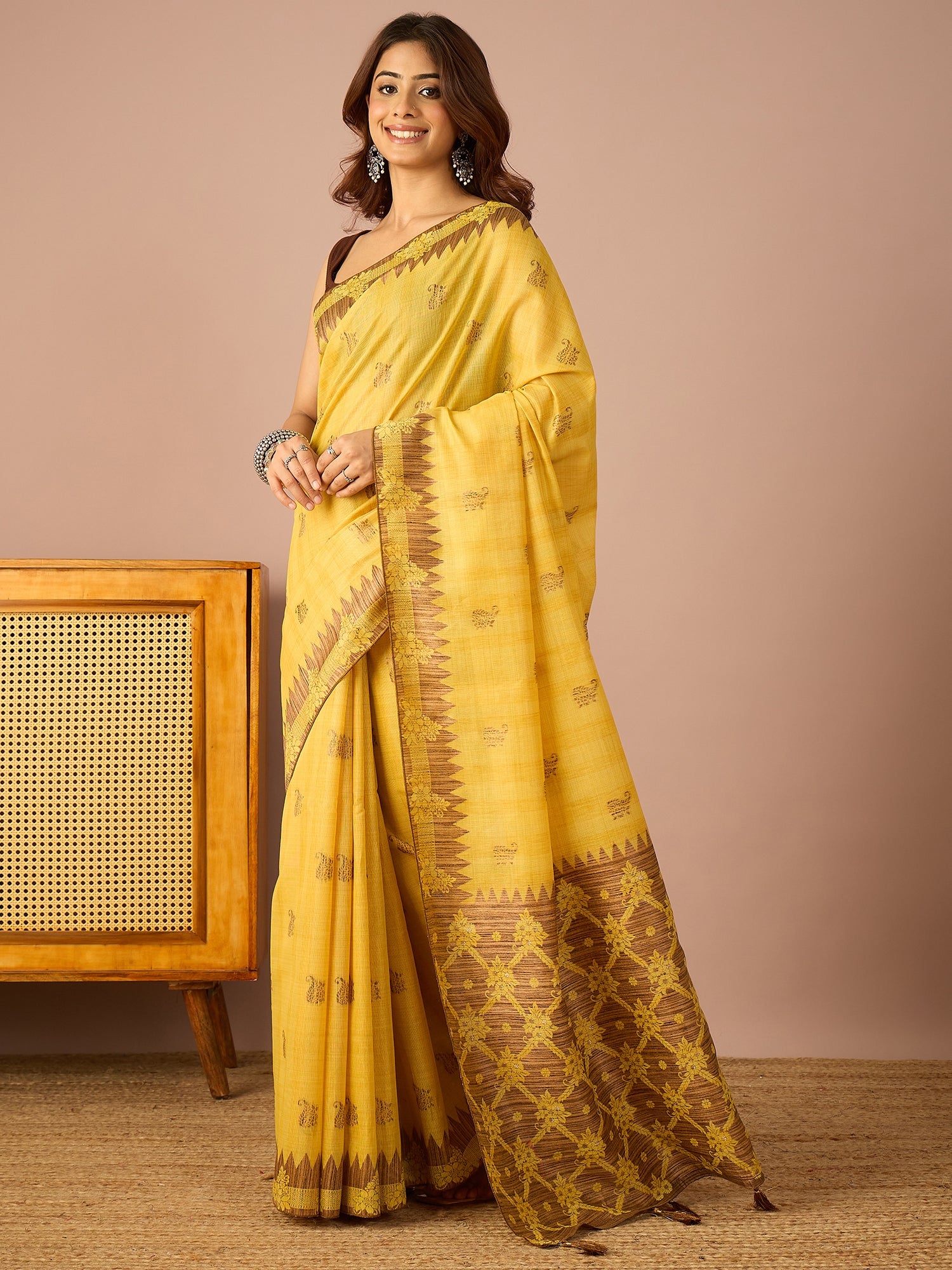 Yellow Brown Temple Border Saree