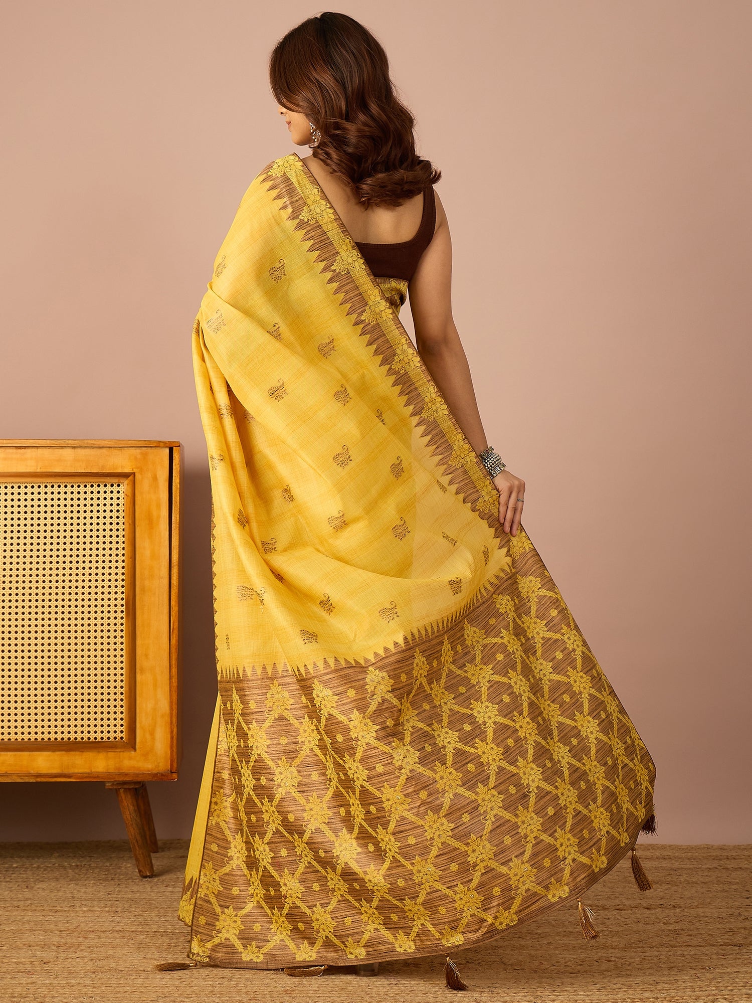 Yellow Brown Temple Border Saree