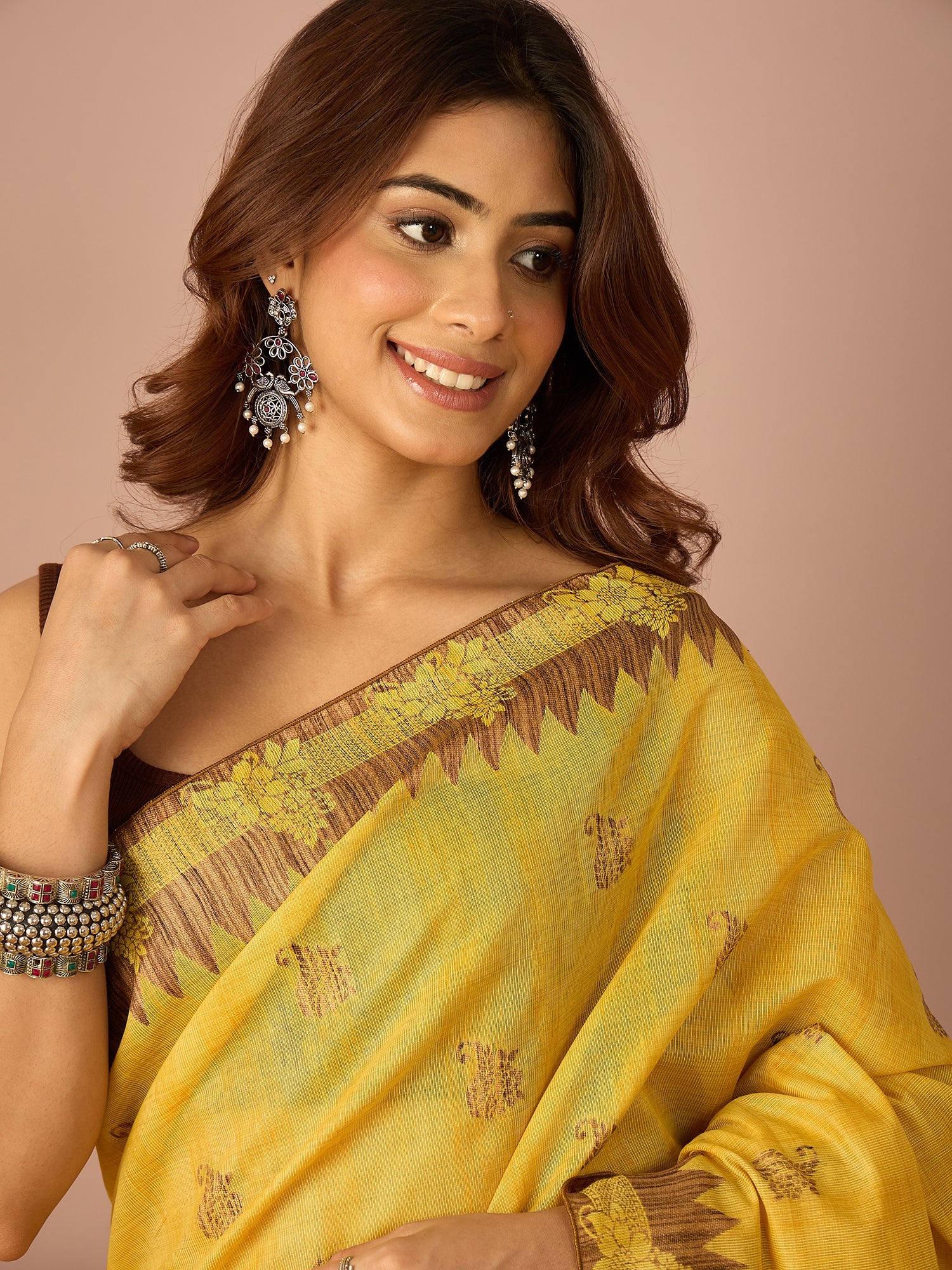 Yellow Brown Temple Border Saree